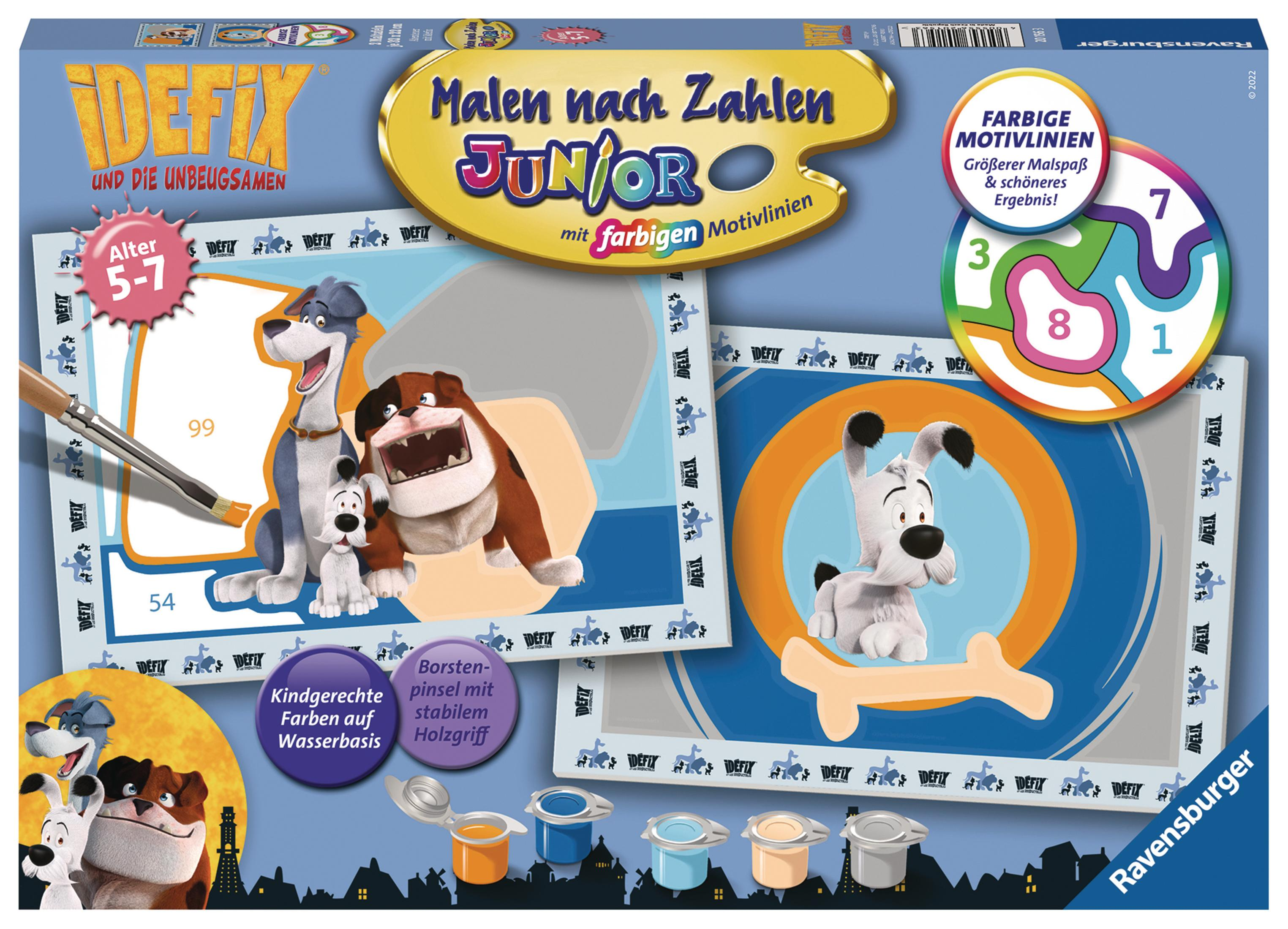 Box-Set mit Hunde-Charakteren. Malen-nach-Zahlen-Thema, enthält Farbtöpfe und einen Pinsel.