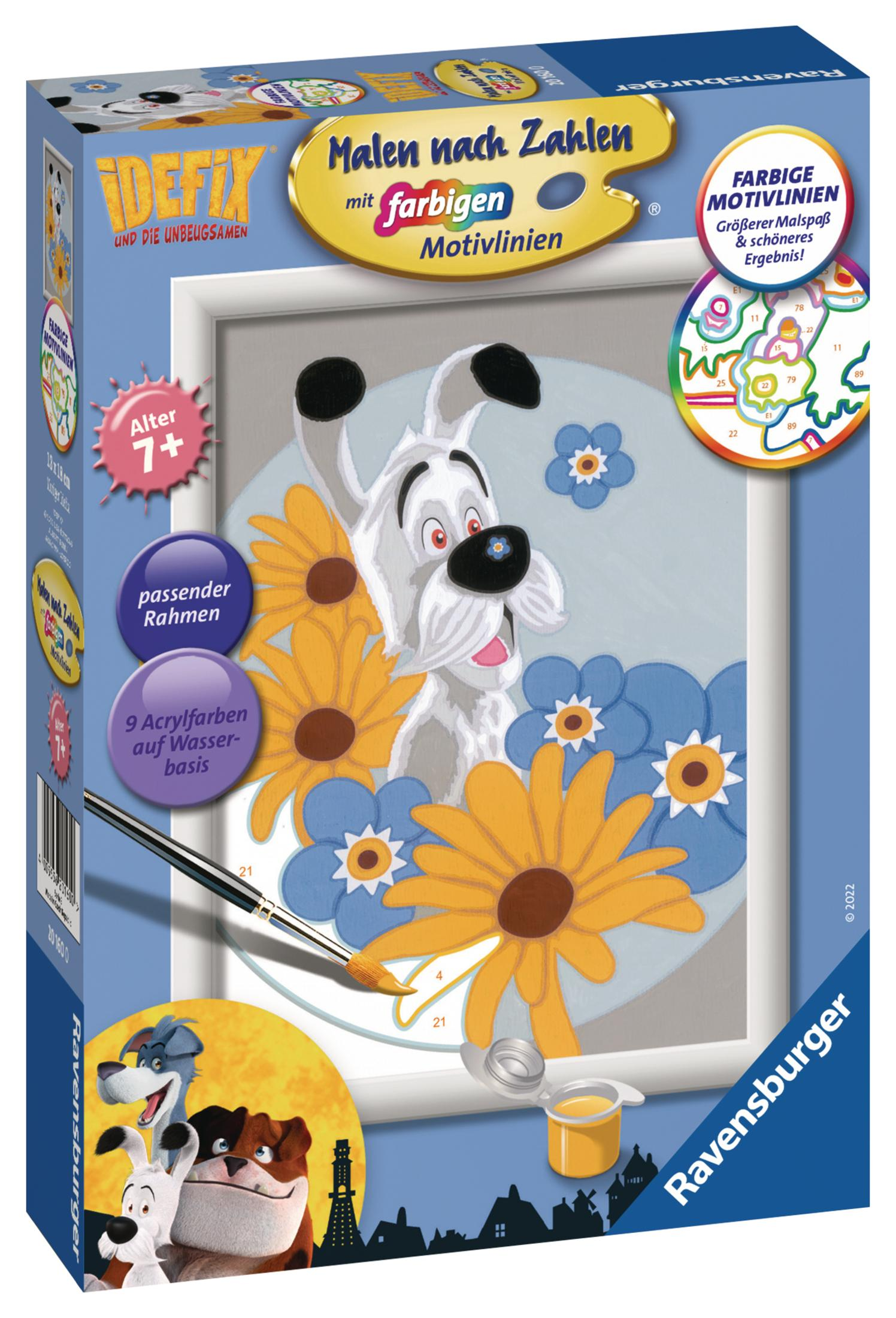 Ein Malen-nach-Zahlen-Set mit Hund und Blumen.