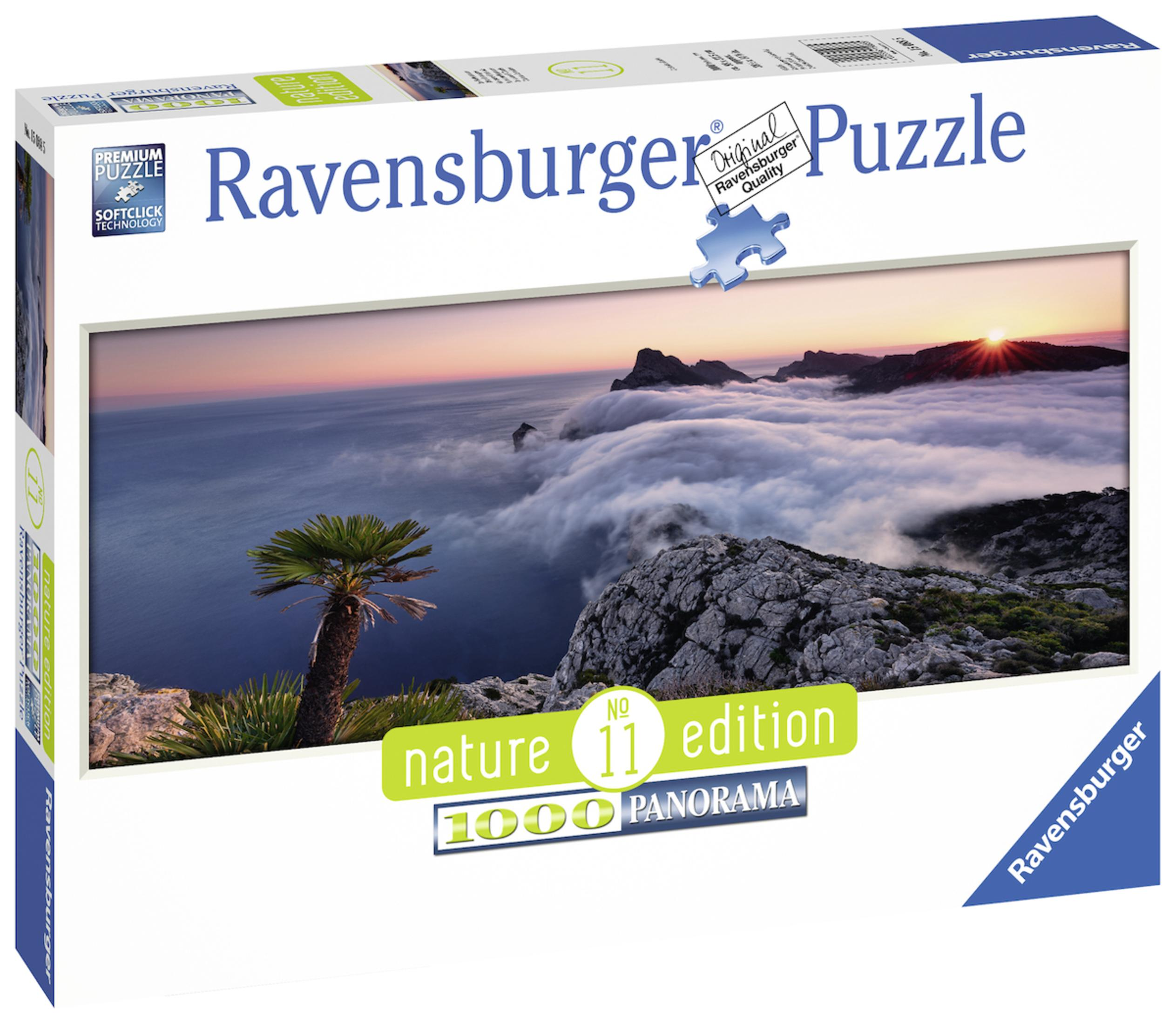 Eine Ravensburger Puzzleschachtel mit einem Landschaftsbild. Text: nature 11 edition, 1000 panorama.