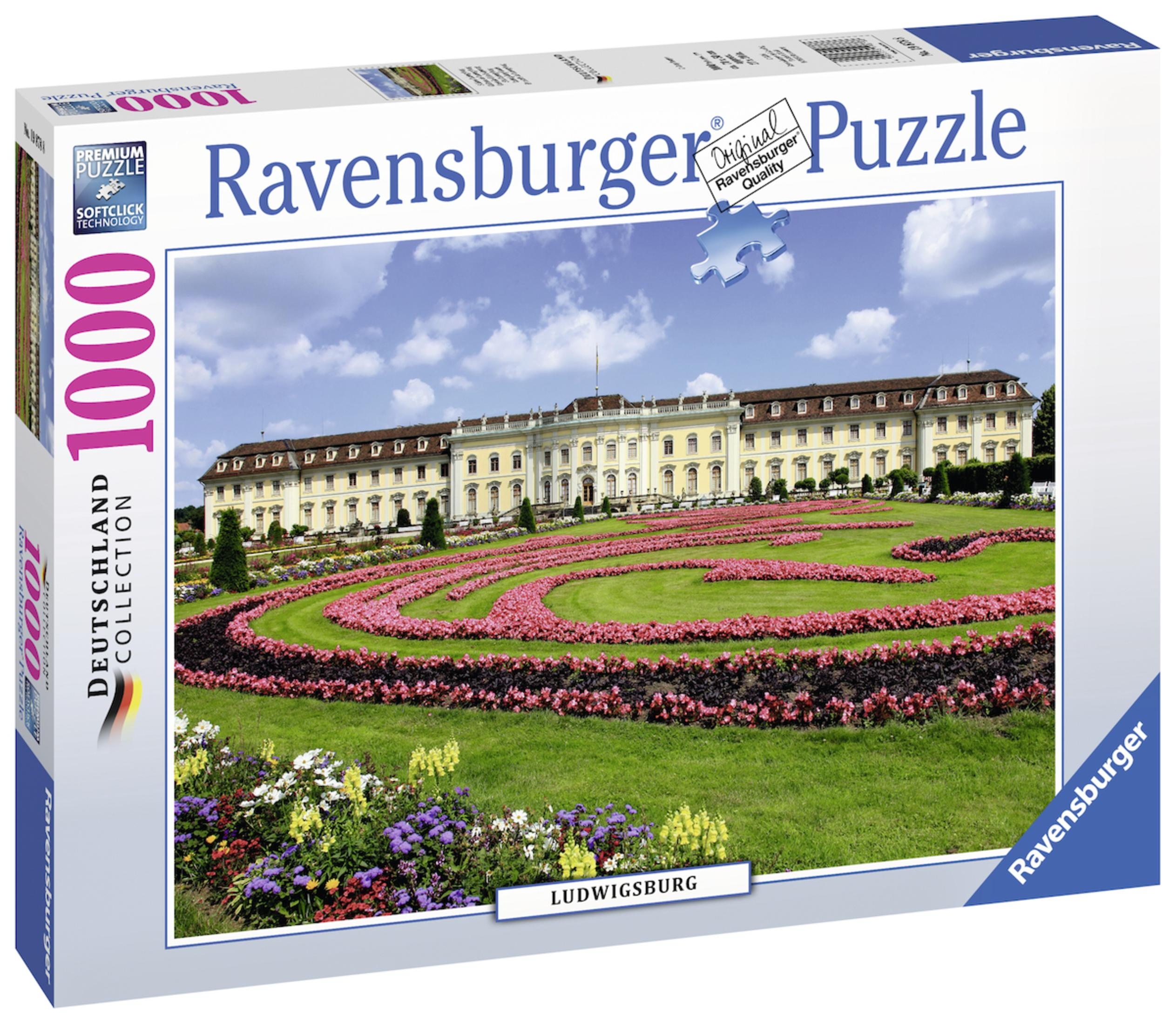 Ravensburger Puzzle-Box mit Schloss und Garten unter blauem Himmel.