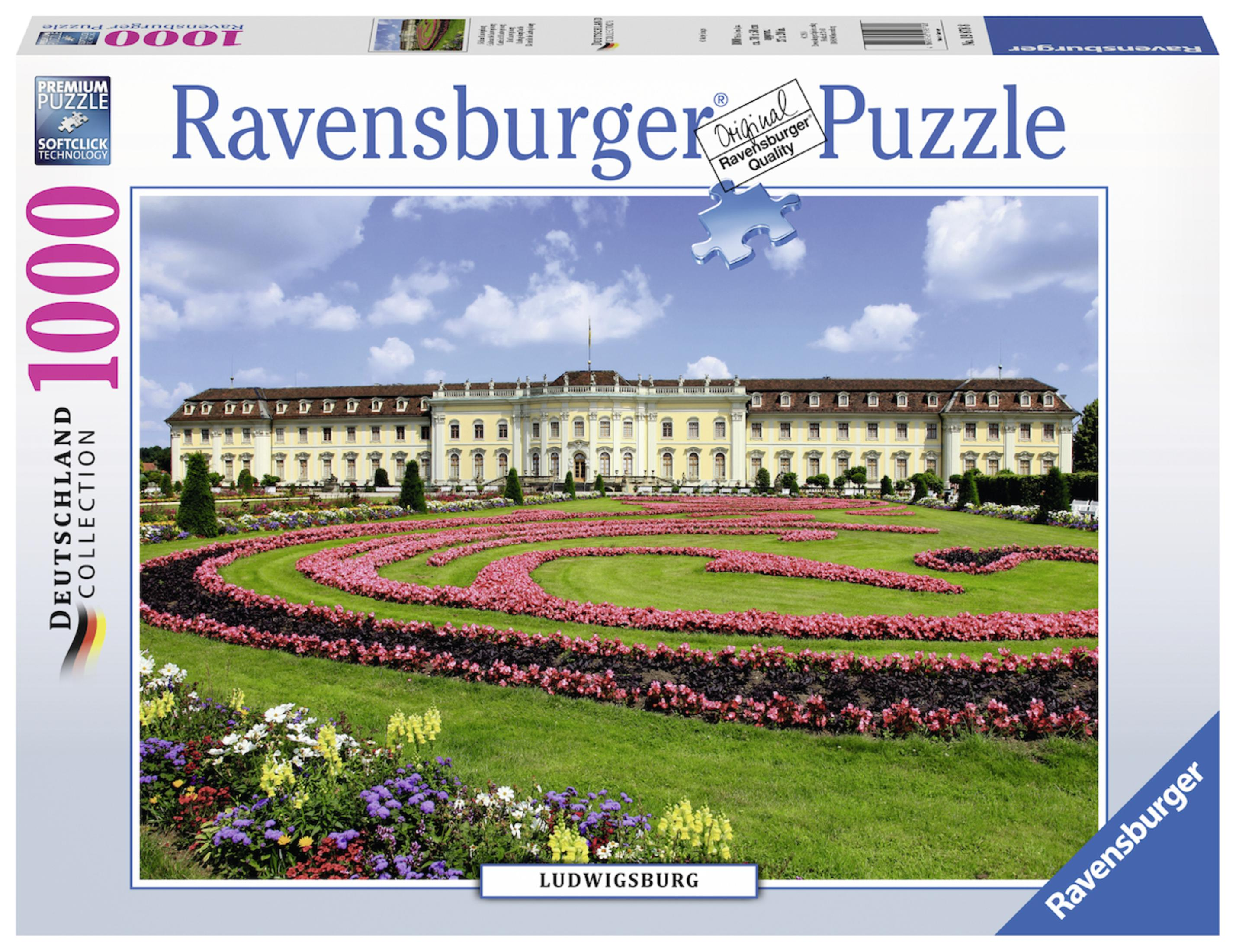 Eine Ravensburger Puzzleschachtel, die ein großes Gebäude mit Garten und blauem Himmel im Hintergrund zeigt.