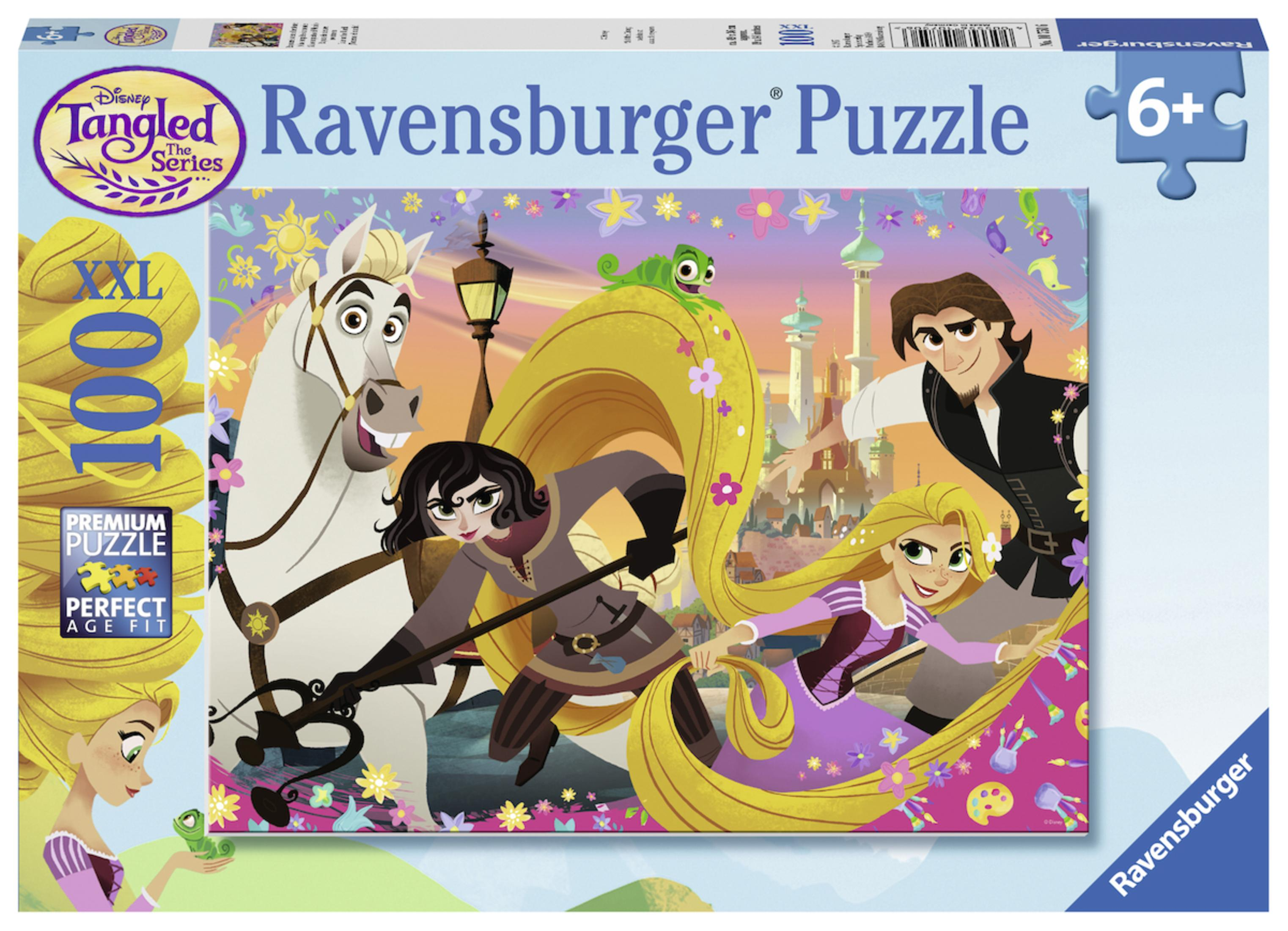 Eine Tangled-Puzzledose mit Rapunzel, Flynn Rider und anderen Figuren, mit dem Wort XXL.