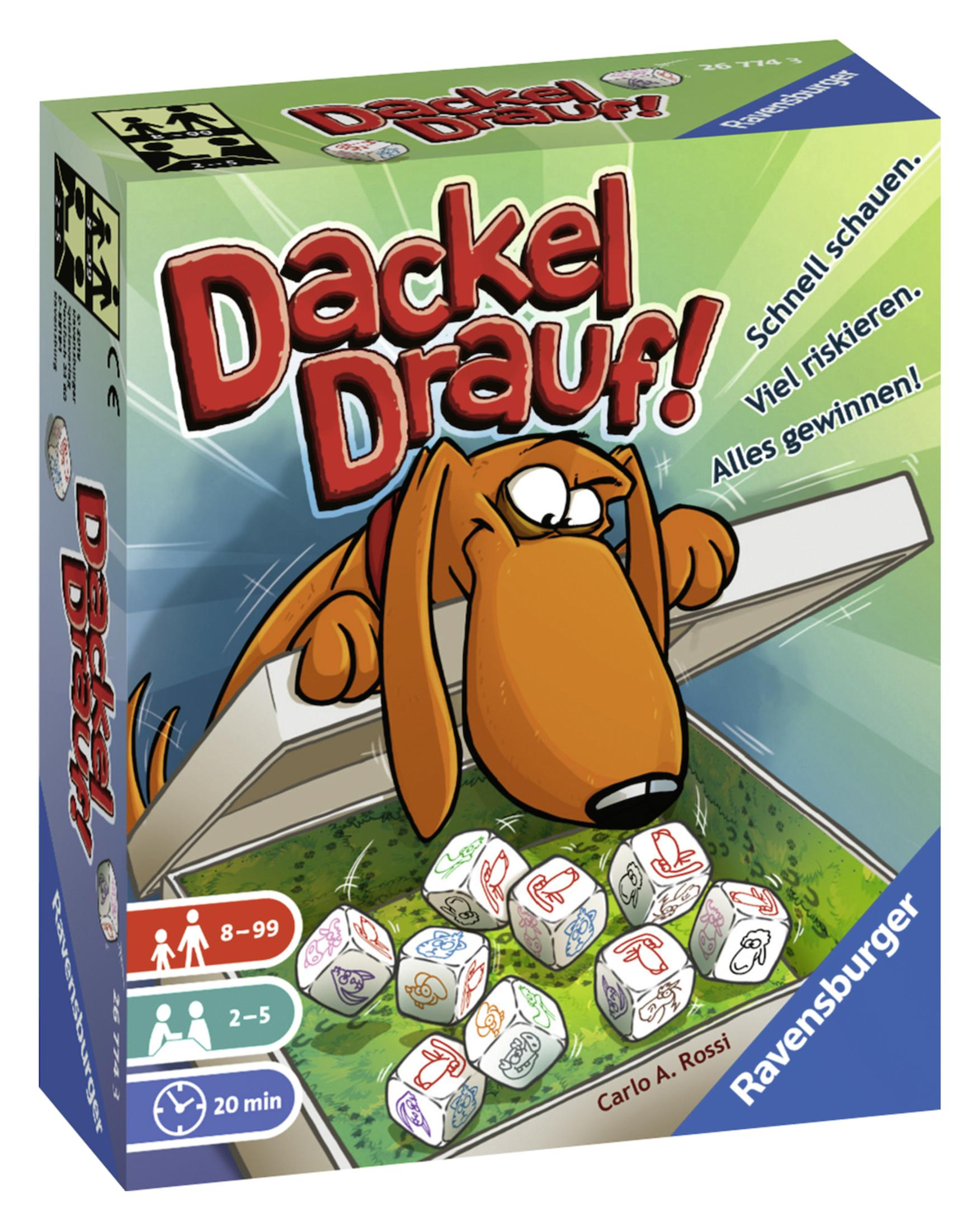 Dackel-Brettspielbox mit Cartoon-Hund und Würfeln. Das Spiel ist für 2-5 Spieler.