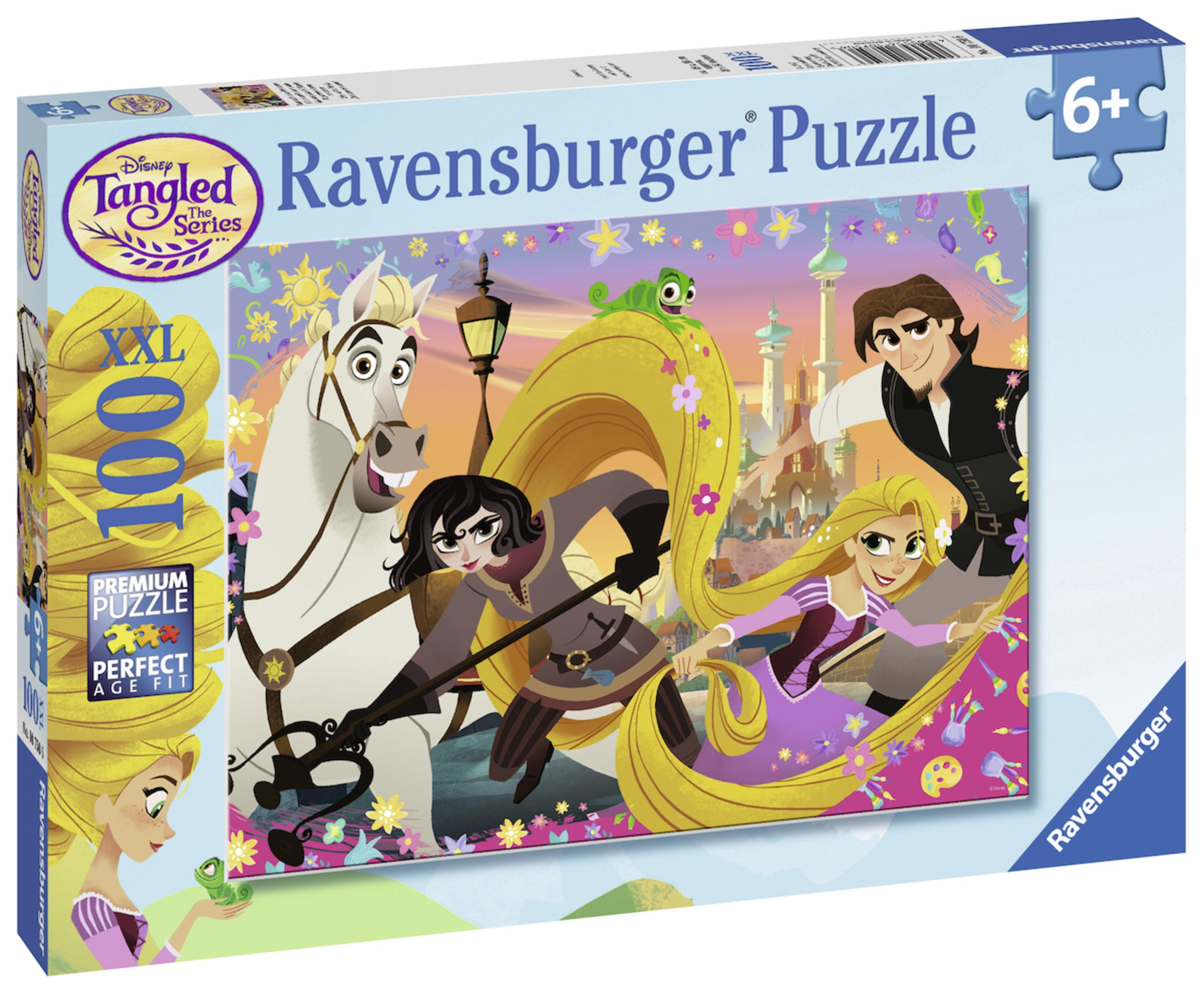 Puzzle-Box mit Tangled-Cartoon-Szene: Rapunzel, Flynn Rider, Pferd und Schloss, 1000 Teile.