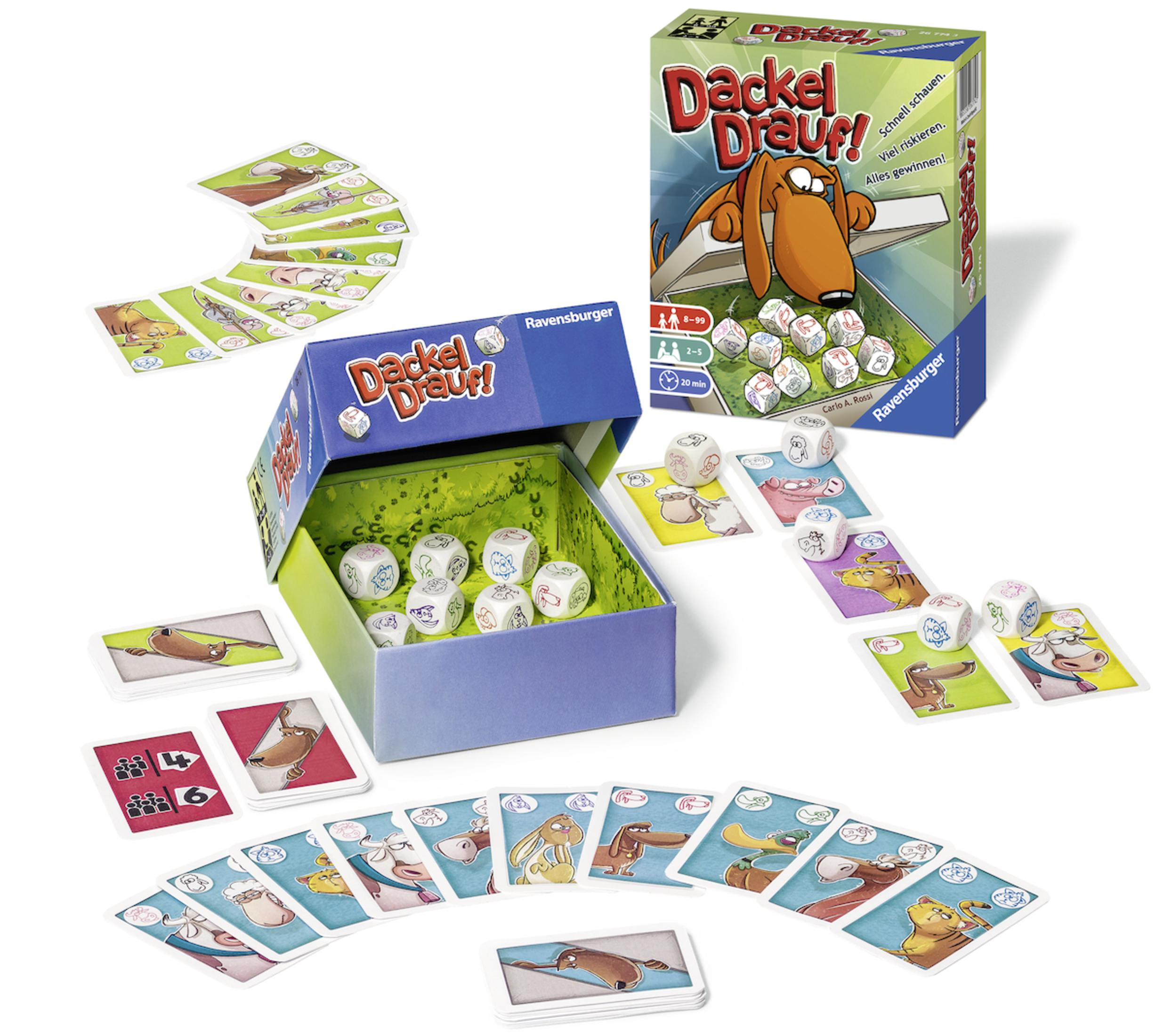 Brettspiel mit Karten, Würfeln und einer Box, die die Spielkomponenten zeigt.