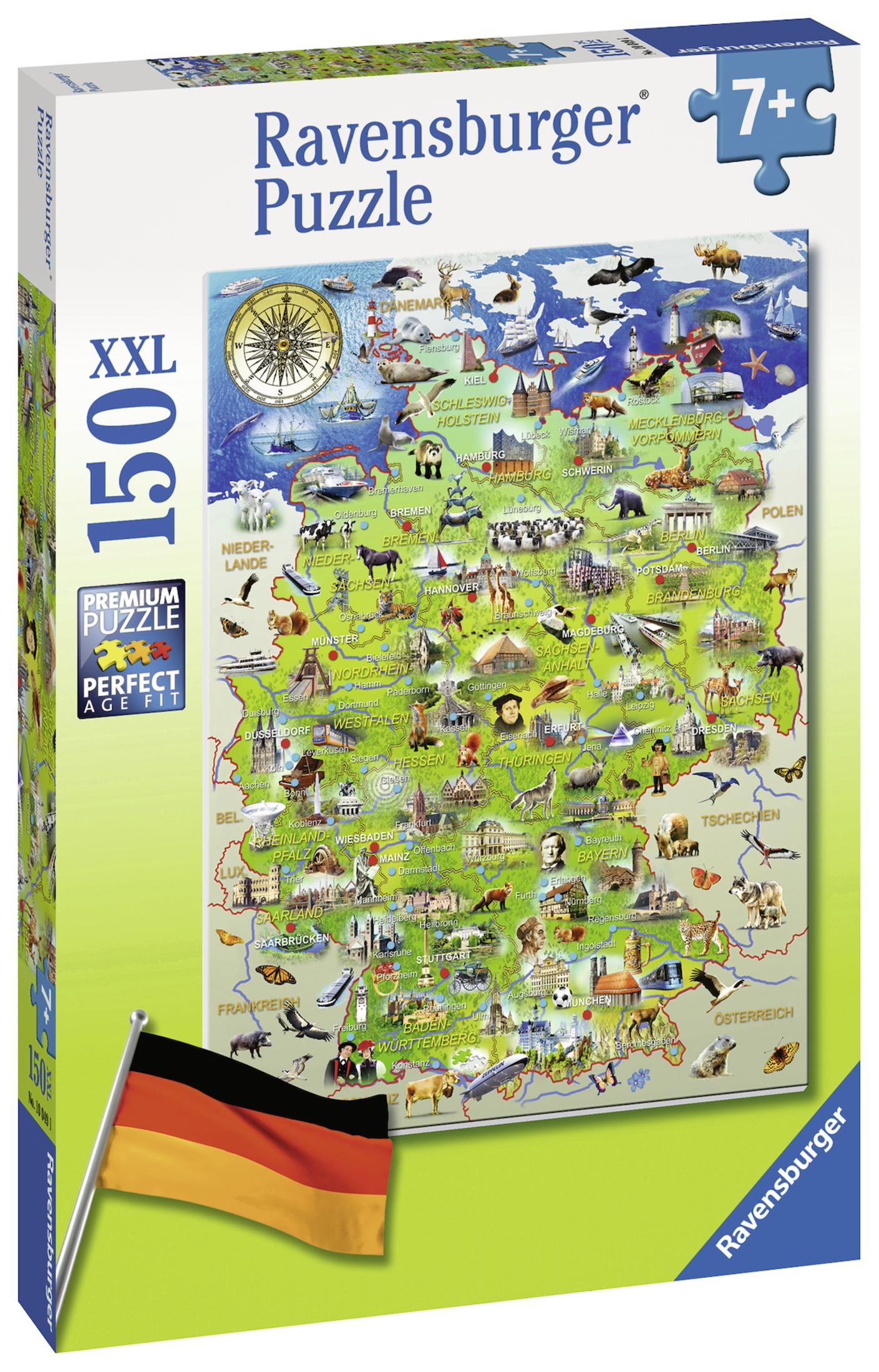 Puzzledose mit farbiger Deutschlandkarte mit Sehenswürdigkeiten, auf weissem Grund.