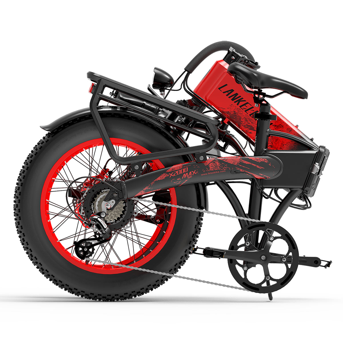 Bicicletta elettrica rossa piegata con pneumatici e cerchi neri. C'è scritto LANKEL X2000 MAX.