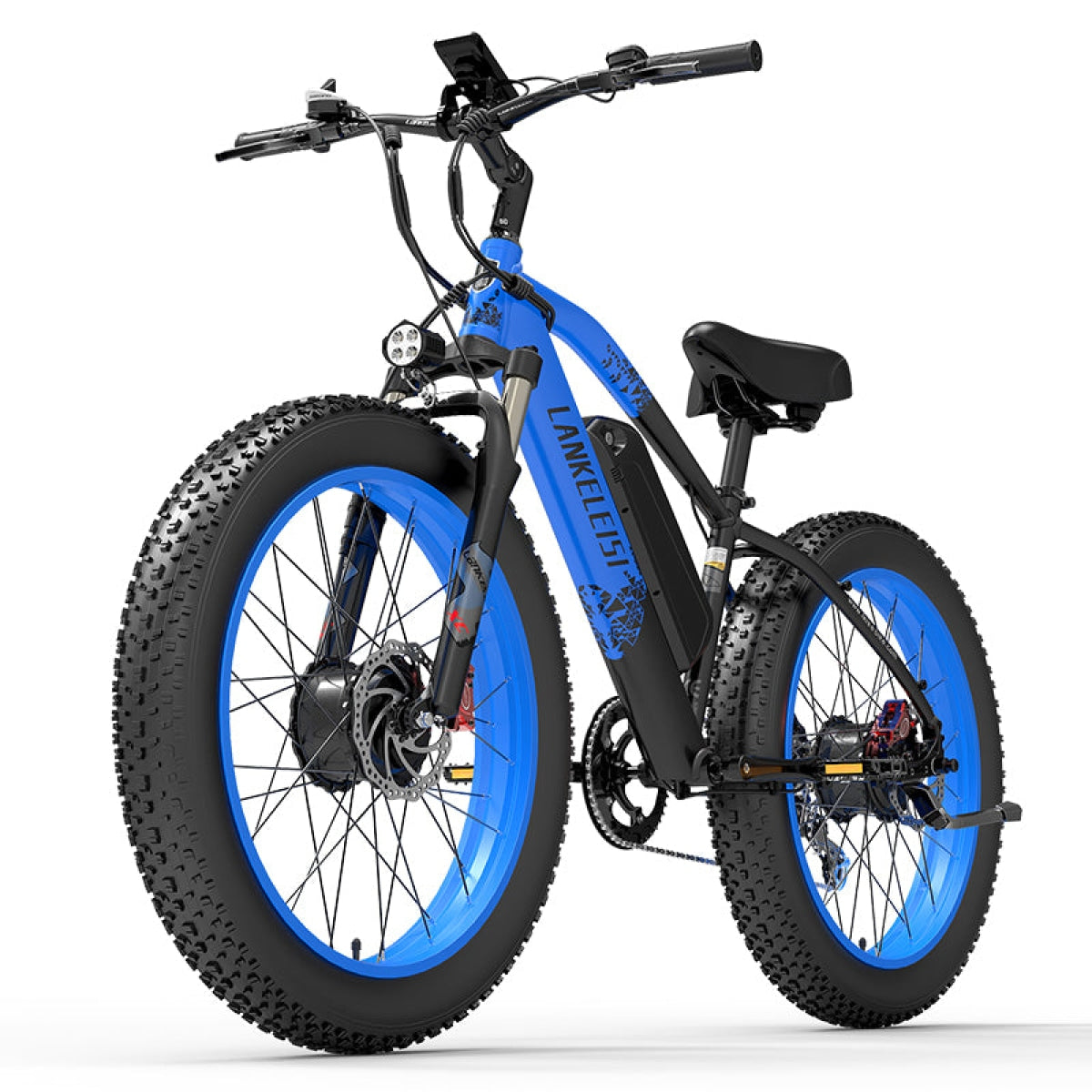 Bicicletta elettrica blu e nera con pneumatici grandi. Su sfondo bianco, mostrando i dettagli.