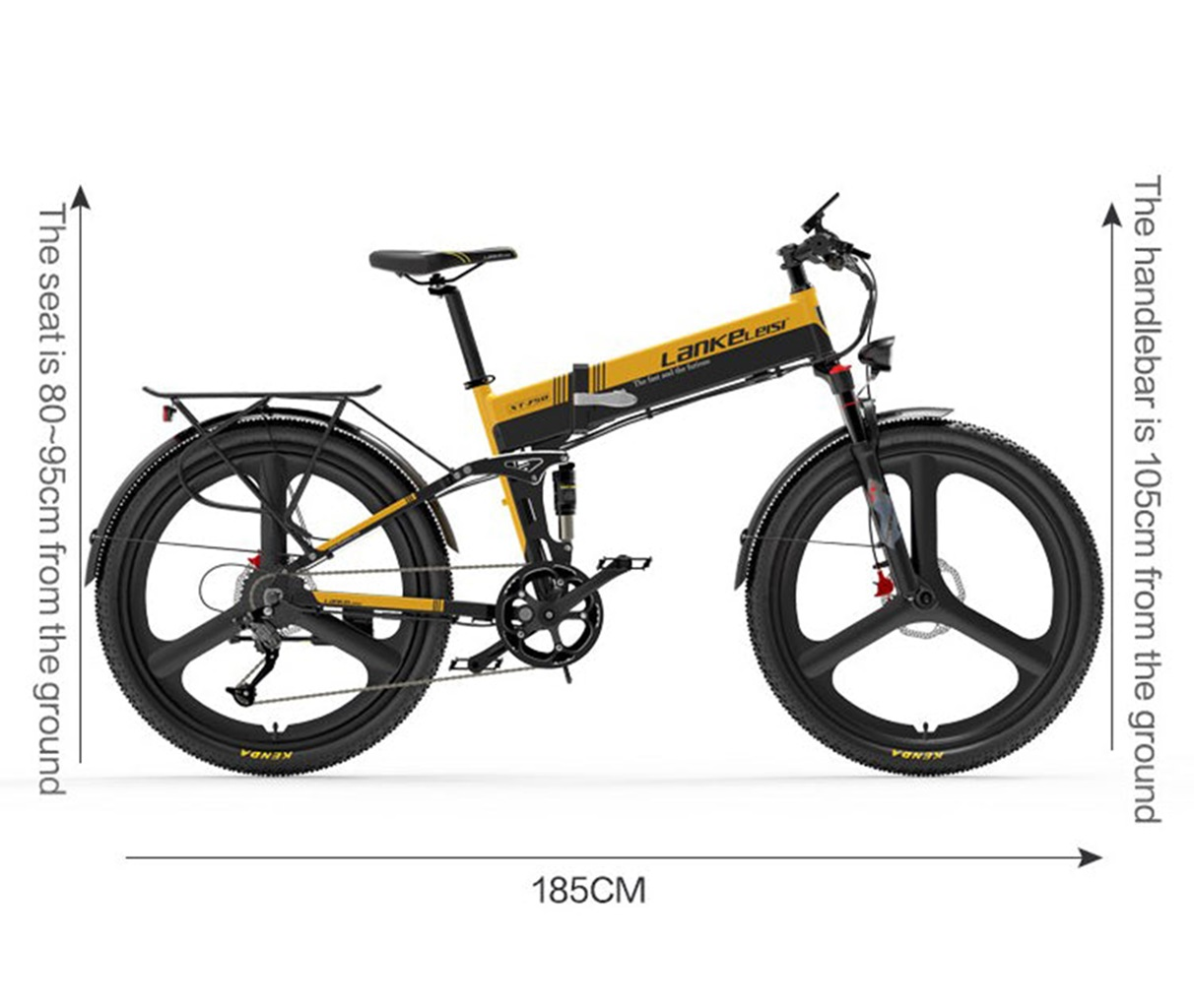 Una bicicleta eléctrica amarilla y negra con etiquetas de dimensiones. El asiento está a 80-95 cm, el manillar a 105 cm del suelo.