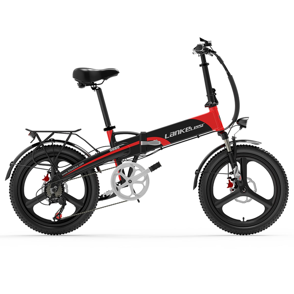 Una bicicleta eléctrica plegable roja y negra. Tiene un portaequipajes negro y neumáticos grandes.
