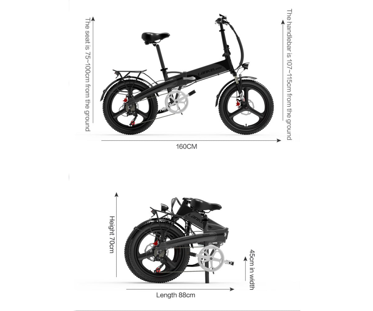 Bicicleta eléctrica plegable negra, vistas desplegada y plegada, con dimensiones etiquetadas.