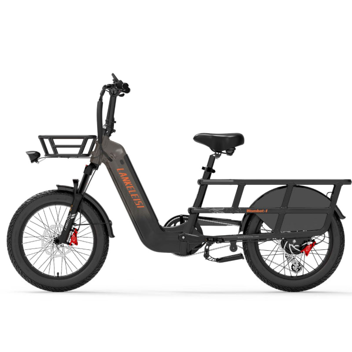 Bicicletta elettrica con cestino anteriore e portapacchi posteriore, telaio grigio, ruote e sella nere.