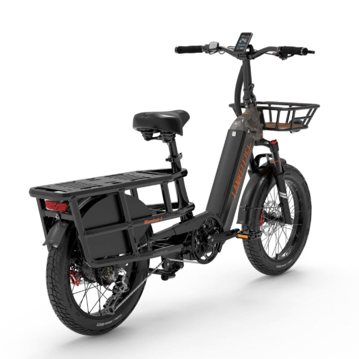 Bici cargo elettrica nera, vista posteriore, sfondo bianco.