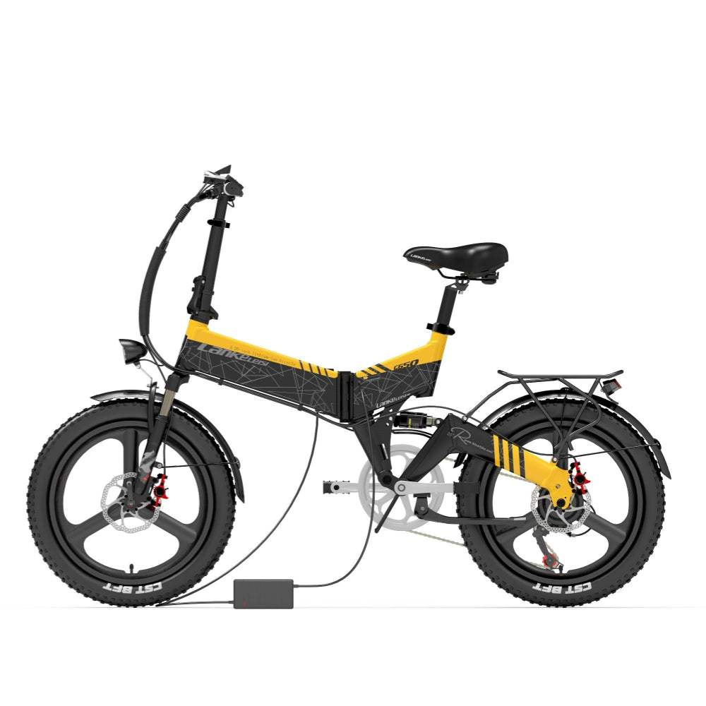 Bicicleta eléctrica plegable amarilla y negra sobre fondo blanco.