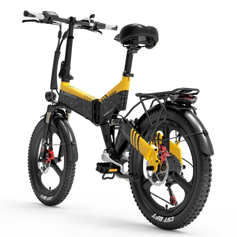 Bicicleta eléctrica amarilla y negra. Marco plegable, neumáticos negros, portaequipajes, frenos rojos.