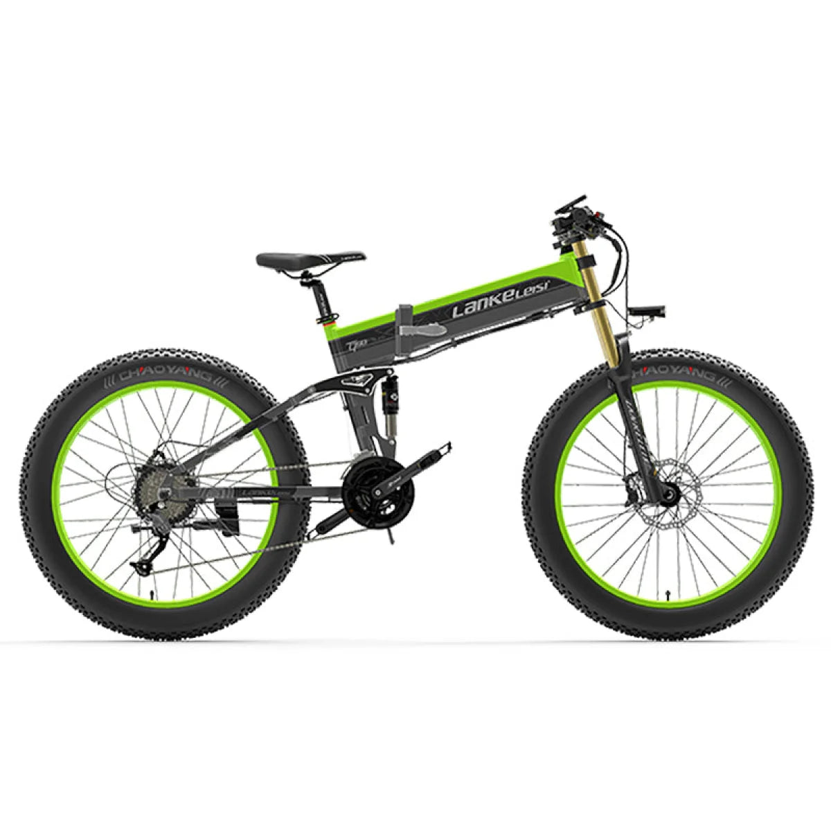 Bicicleta eléctrica Lankeleisi verde y negra con neumáticos grandes sobre fondo blanco.