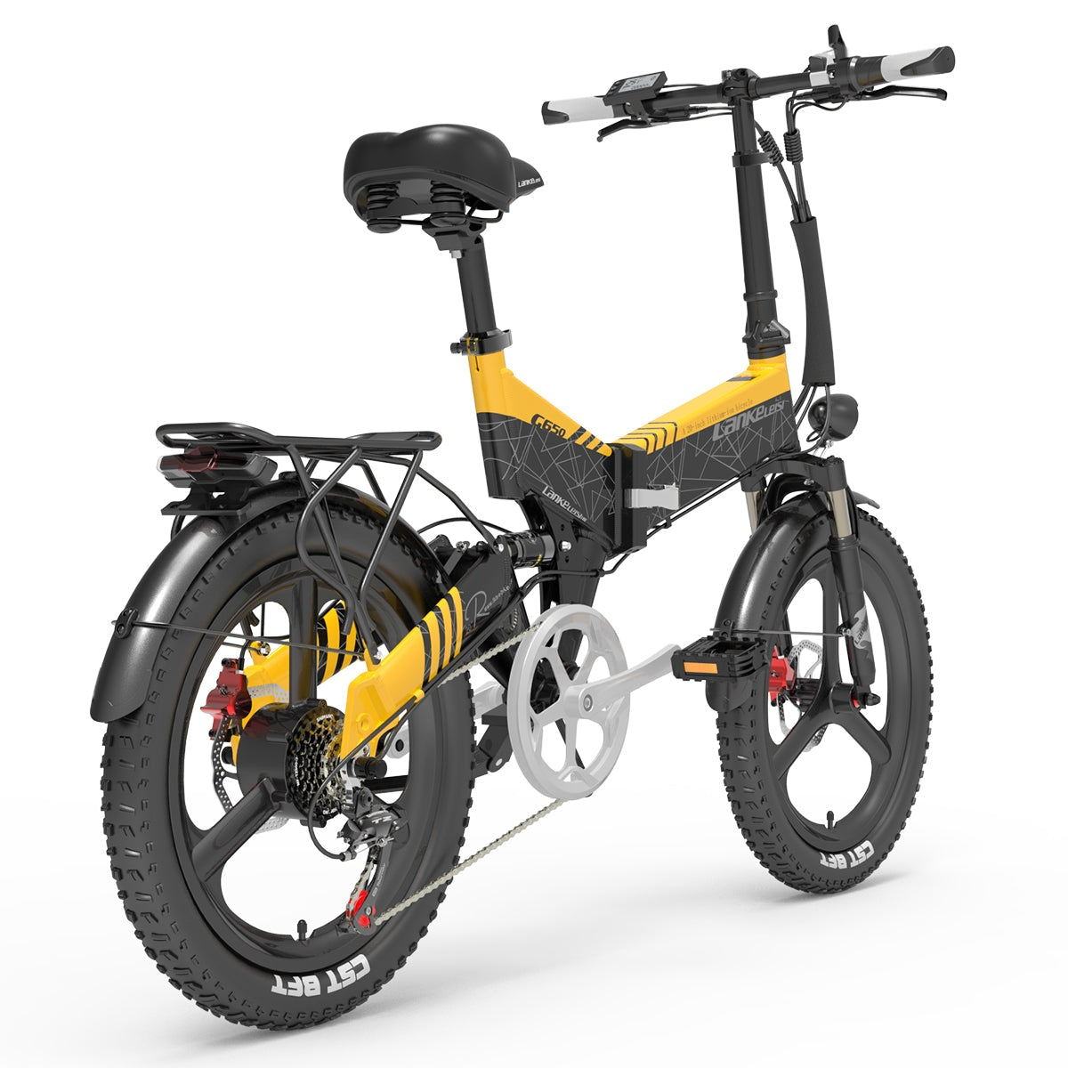 Bicicleta eléctrica amarilla y negra sobre fondo blanco, mostrando su diseño y características.