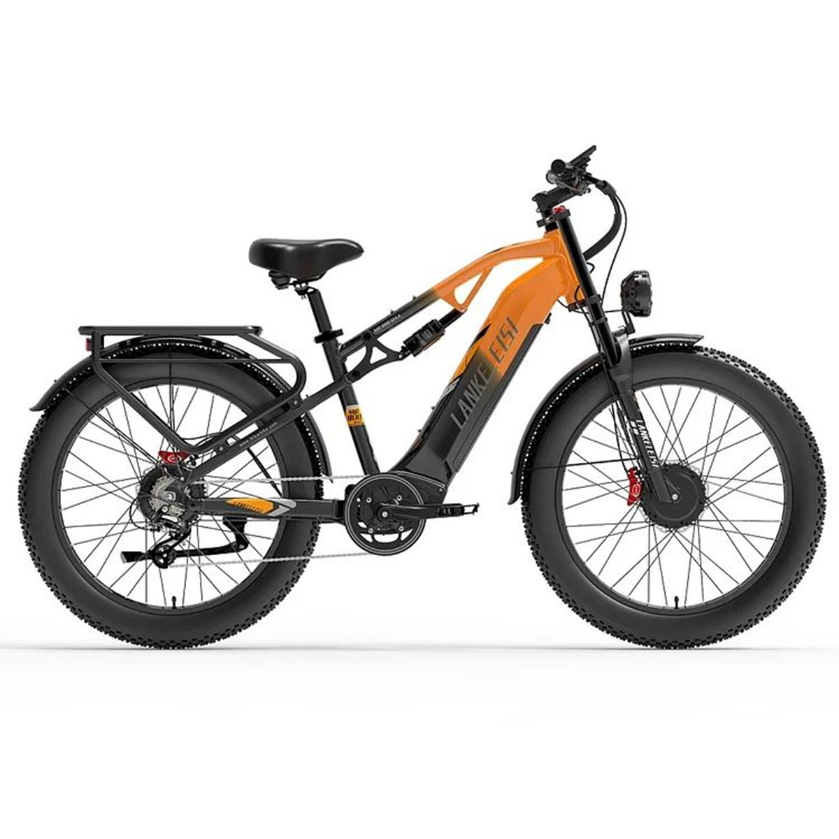 Orange-schwarzes Elektrofahrrad mit großen Reifen auf weißem Hintergrund.