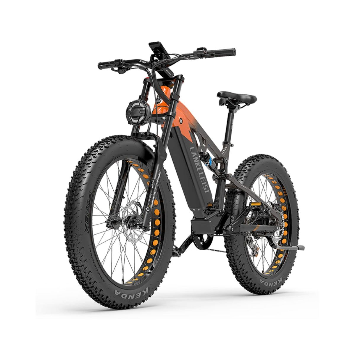 Schwarzes und oranges elektrisches Mountainbike auf weißem Hintergrund, Vorder- und Seitenansicht.