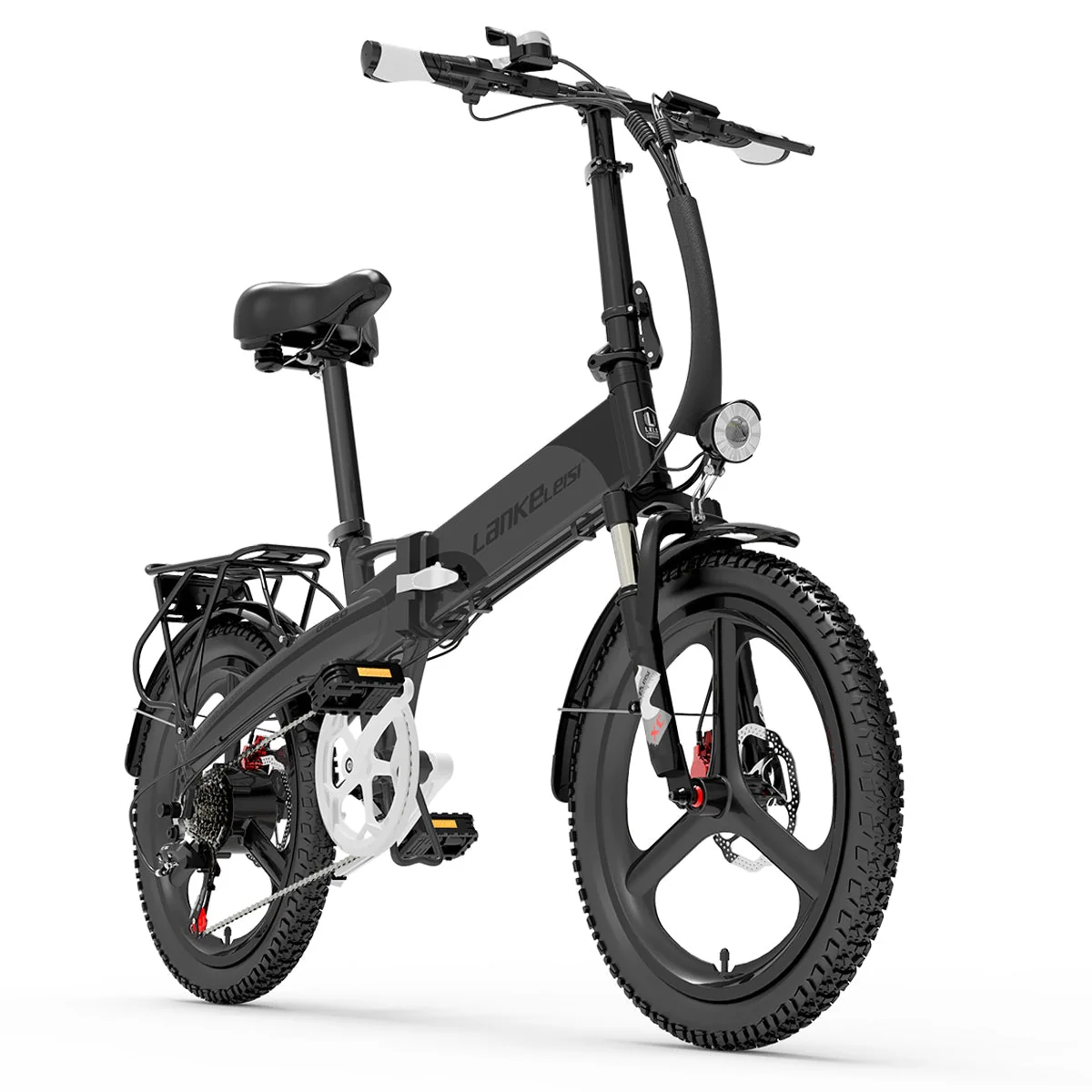Una bicicleta eléctrica plegable negra con detalles blancos. Está sobre un fondo blanco, mostrando el frente.