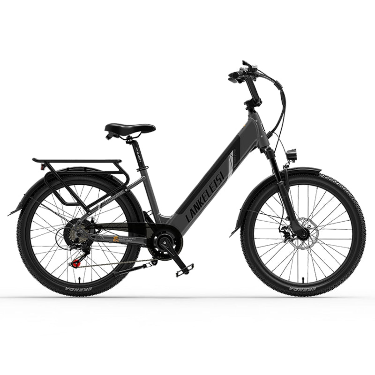 Bicicleta eléctrica Lankeleisi gris con neumáticos negros sobre fondo blanco.