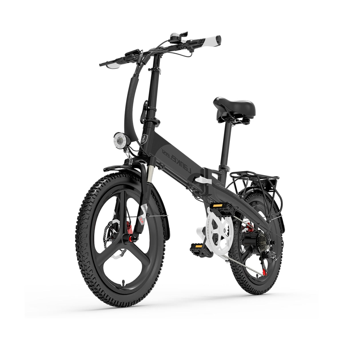 Bicicleta eléctrica negra sobre fondo blanco. Muestra rueda delantera, manillar, asiento y cuadro plegado.