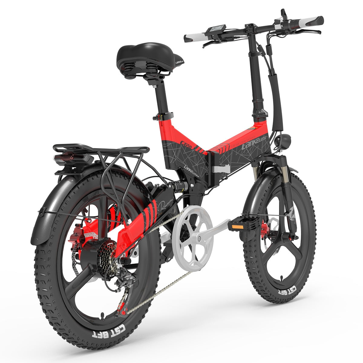 Bicicleta eléctrica roja y negra sobre un fondo blanco. Tiene un asiento y neumáticos negros.