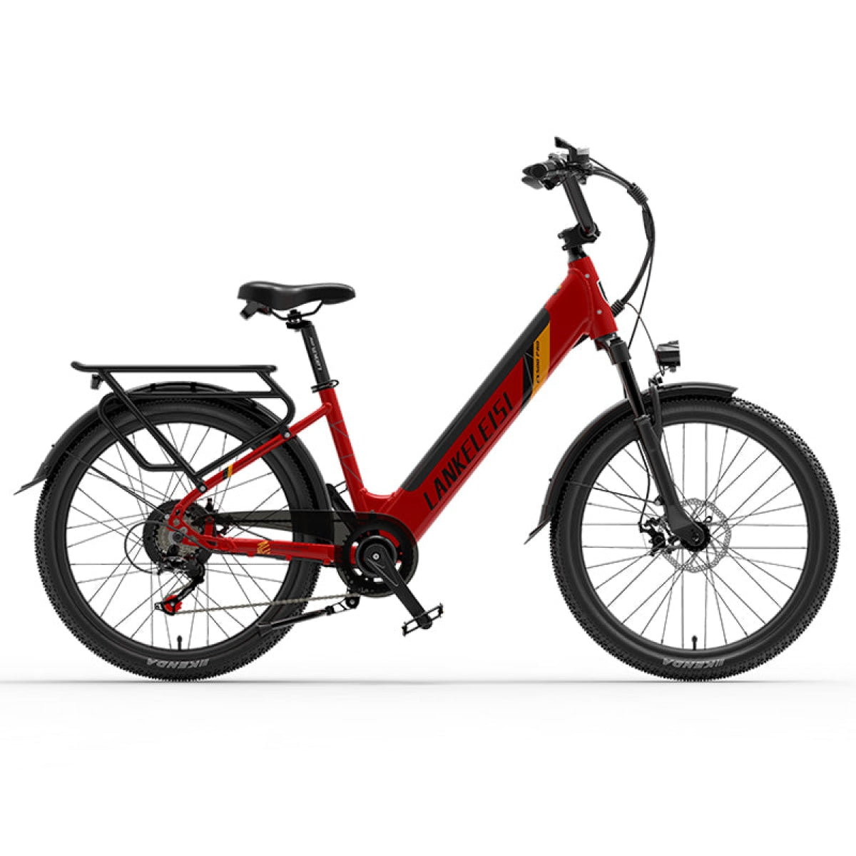Bicicleta eléctrica Lankeleisi roja y negra con neumáticos negros.