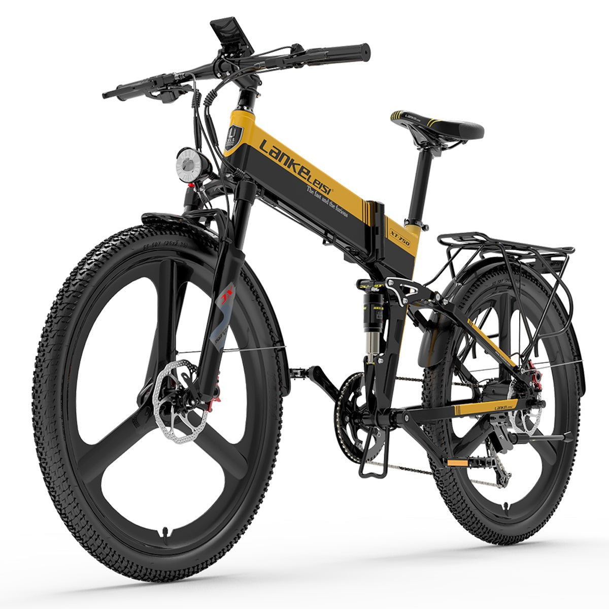 Una bicicleta plegable amarilla y negra con neumáticos gruesos, sobre fondo blanco, con portaequipajes.