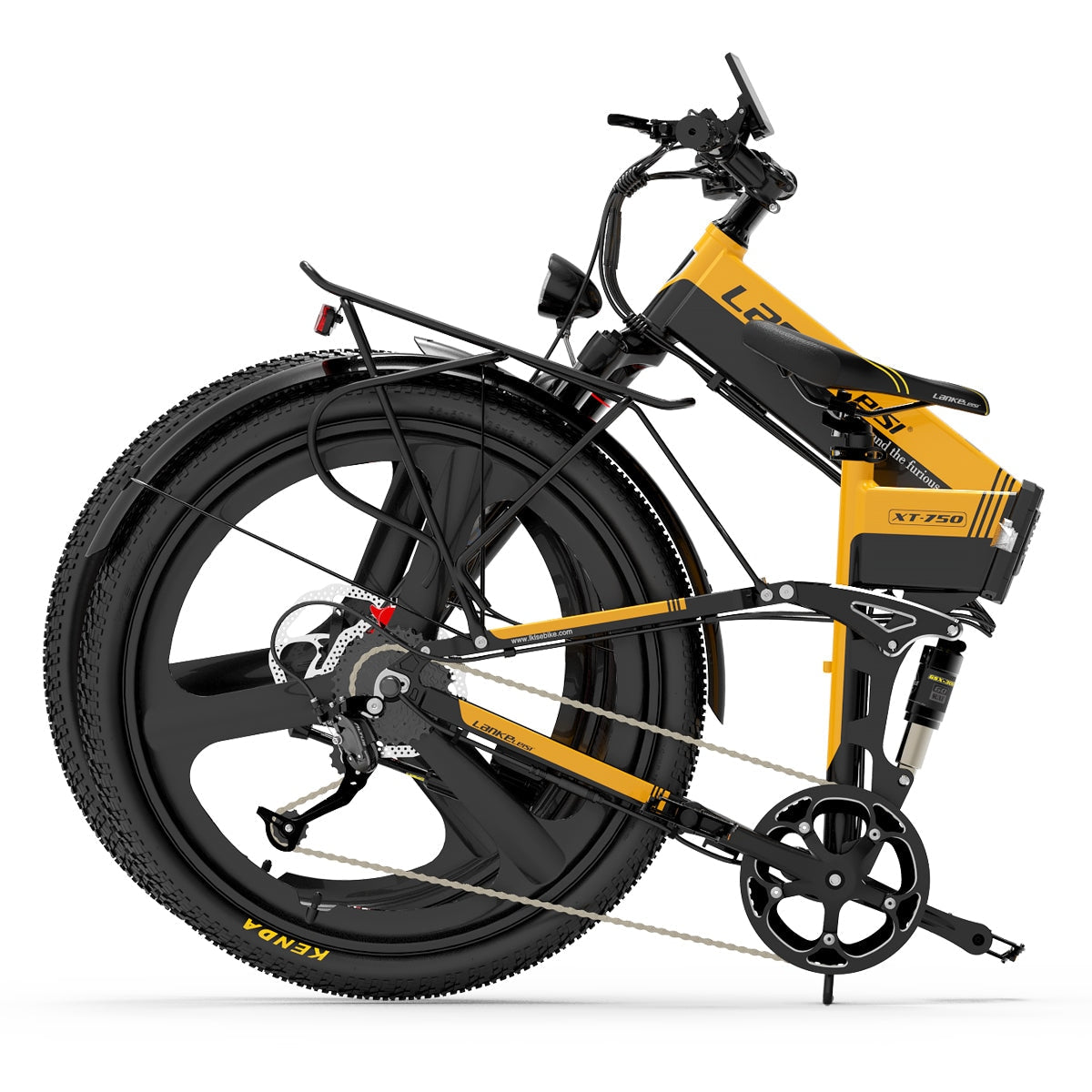 Una bicicleta eléctrica plegable amarilla y negra. Tiene un portaequipajes trasero y neumáticos anchos.