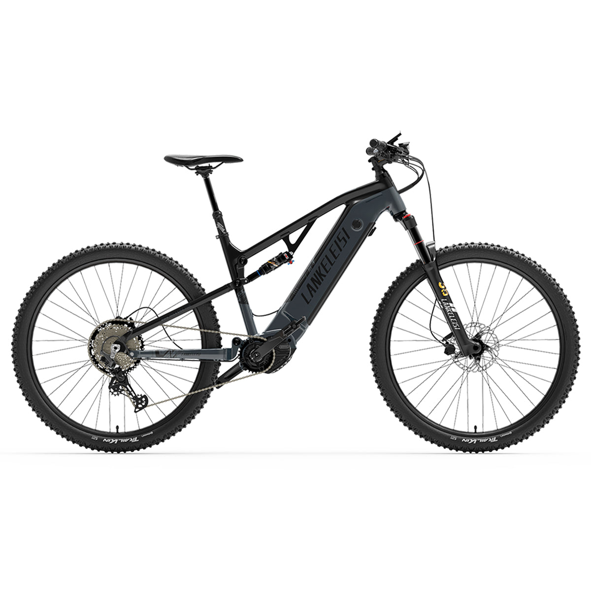 Graues elektrisches Mountainbike mit schwarzen Reifen, weißem Hintergrund und dem LANKELEISI-Logo.