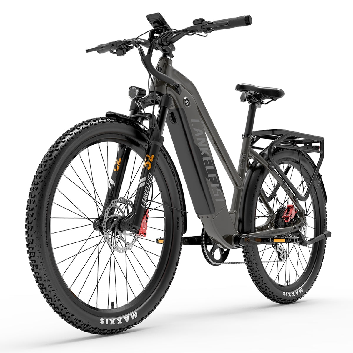 Bicicletta elettrica grigia con ruote, pneumatici e componenti neri, con sfondo bianco.