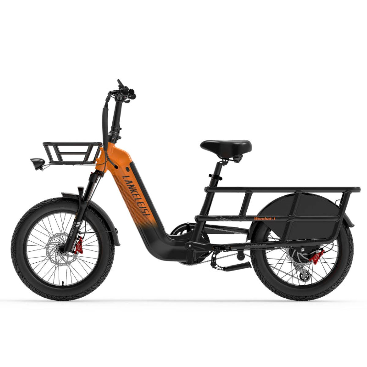 Bicicletta da carico elettrica arancione e nera con cestino anteriore e portapacchi posteriore.