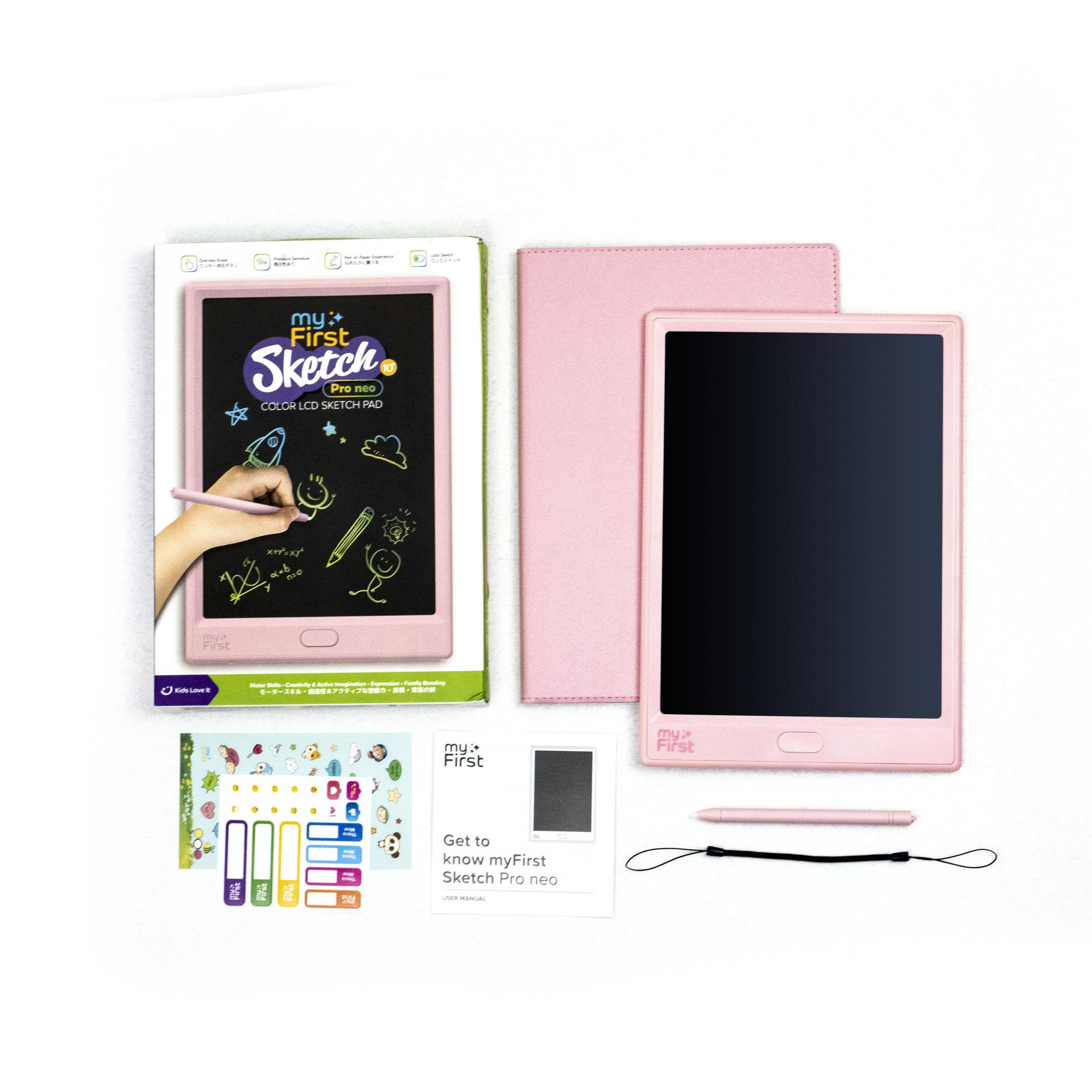 myFirst Sketch Pro rosa. Tablet, penna e accessori. Include adesivi e una guida.