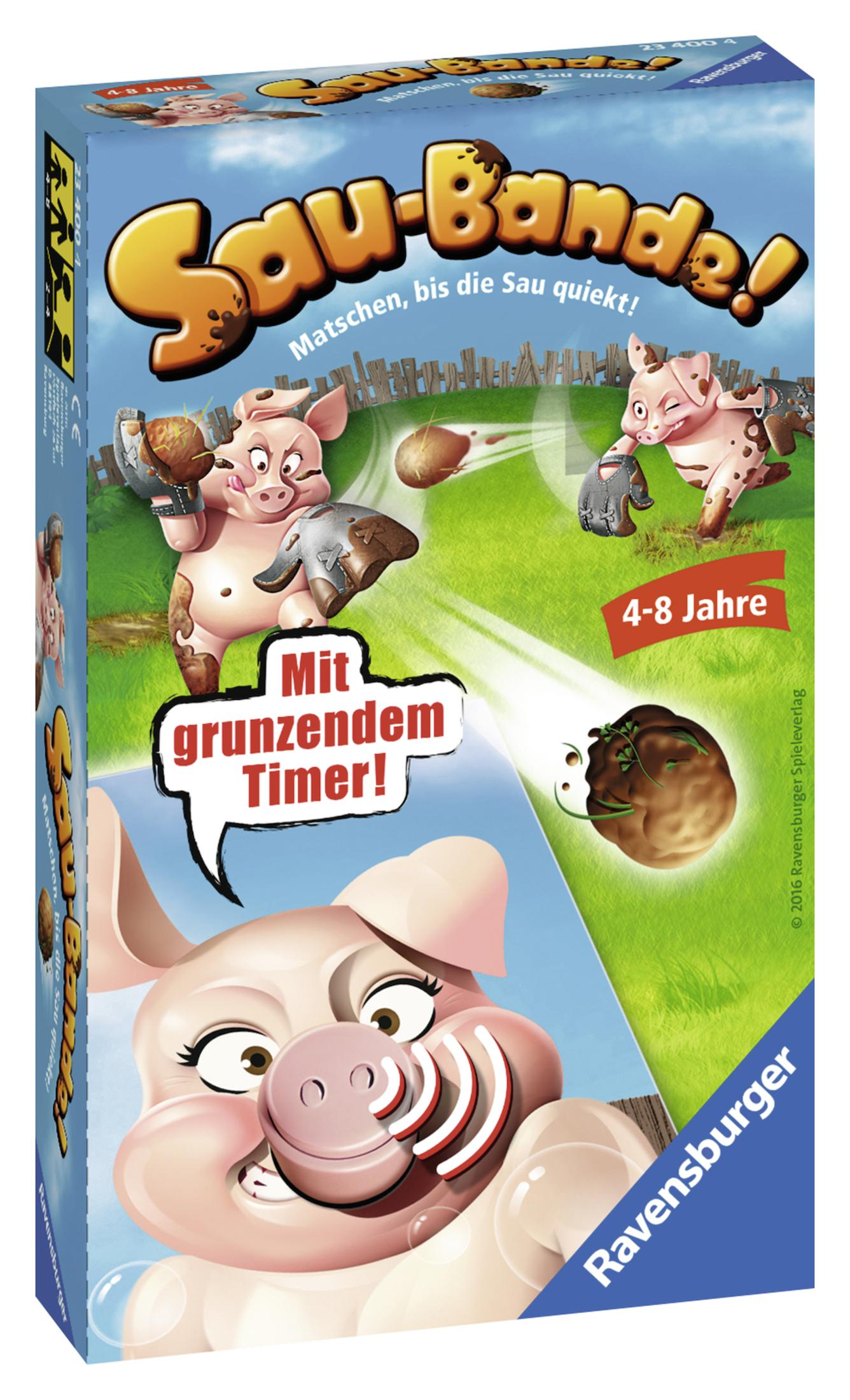 Eine Spielbox mit Cartoon-Schweinen beim Spielen. Text auf Deutsch. Ein großes Schwein spricht aus einer Sprechblase.