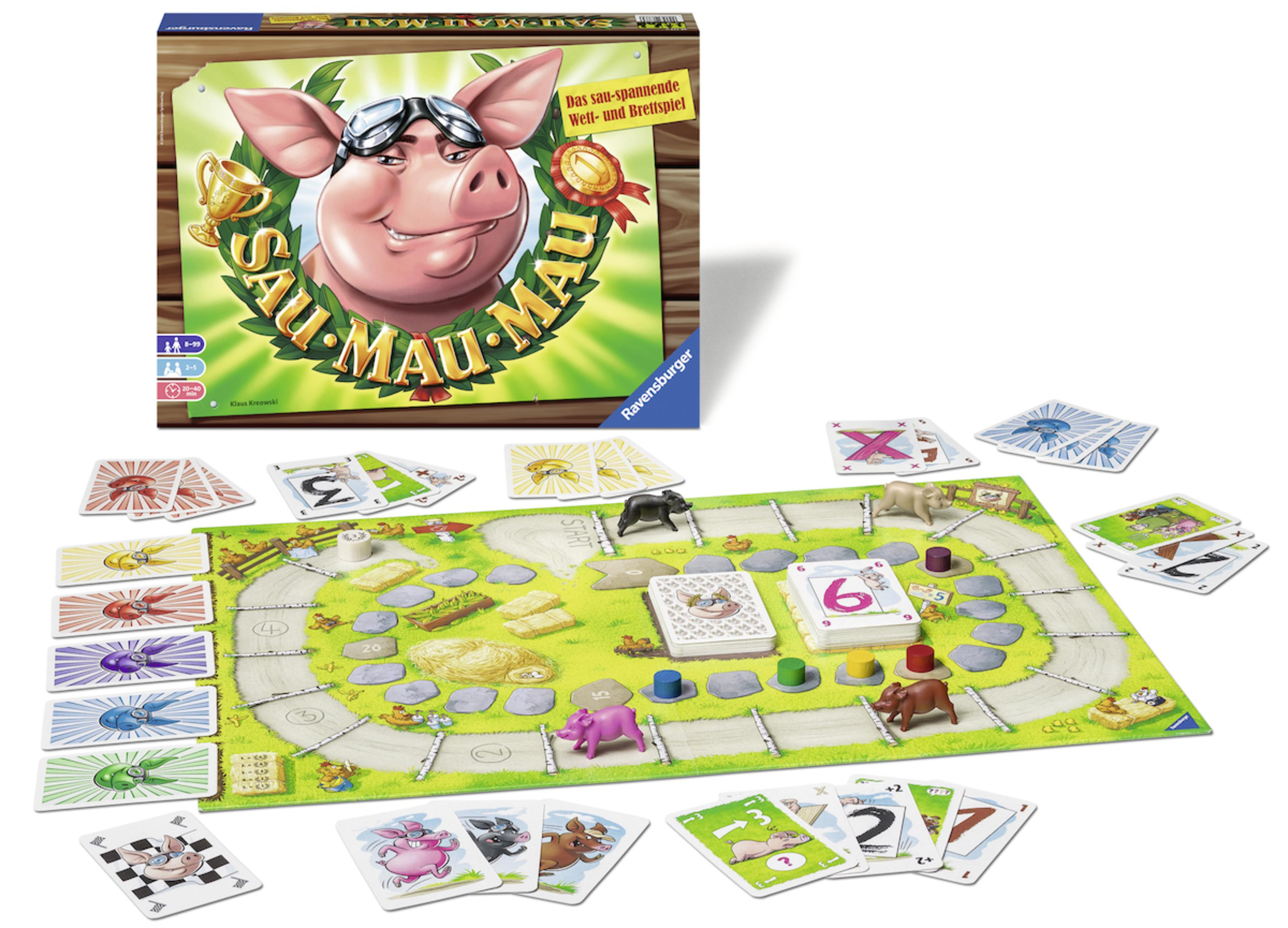 Brettspielbox mit einem Schwein mit Brille, umgeben von Spielsteinen und Karten.