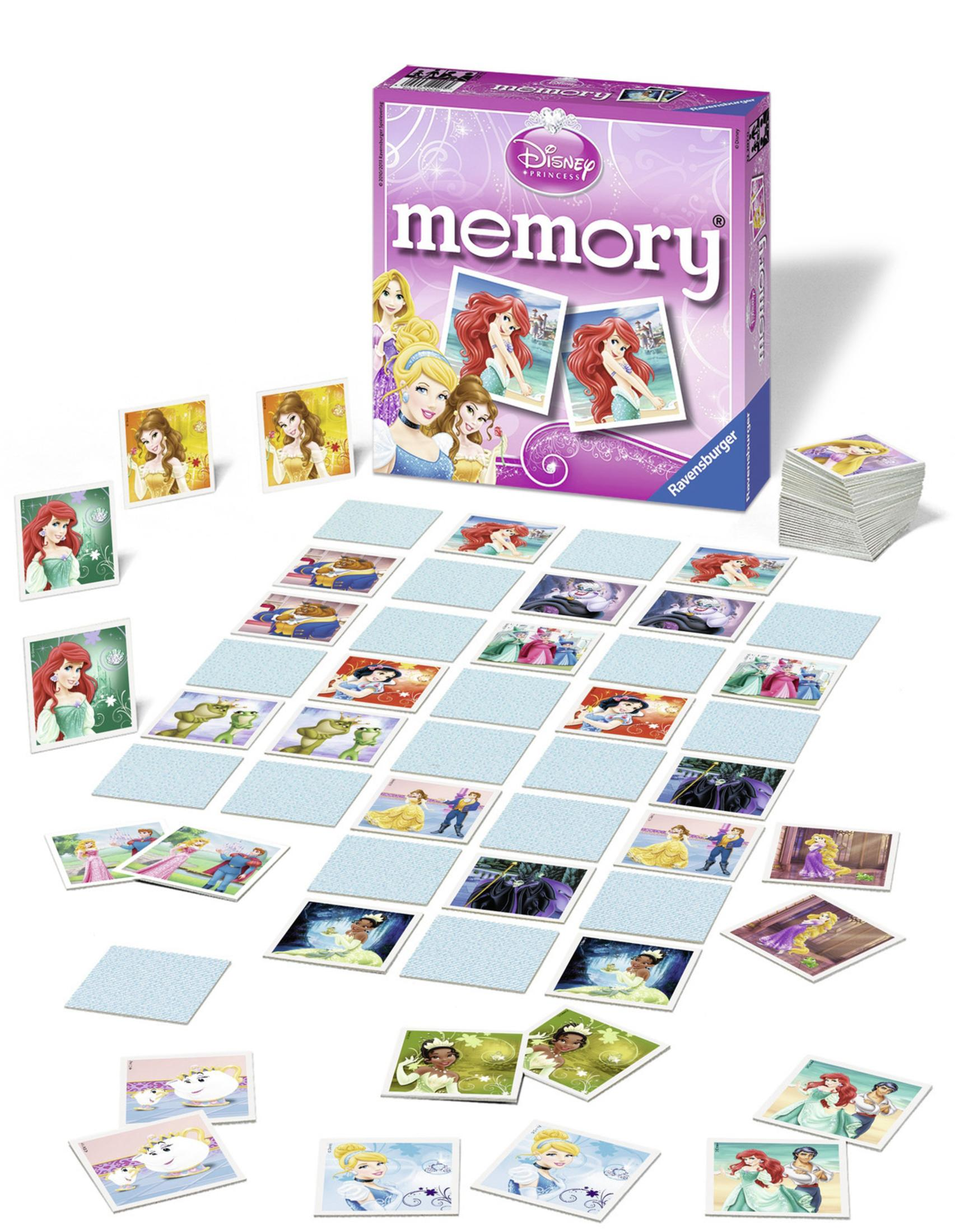 Disney Memory Spielbox und Karten auf weißer Oberfläche, bunte Designs.
