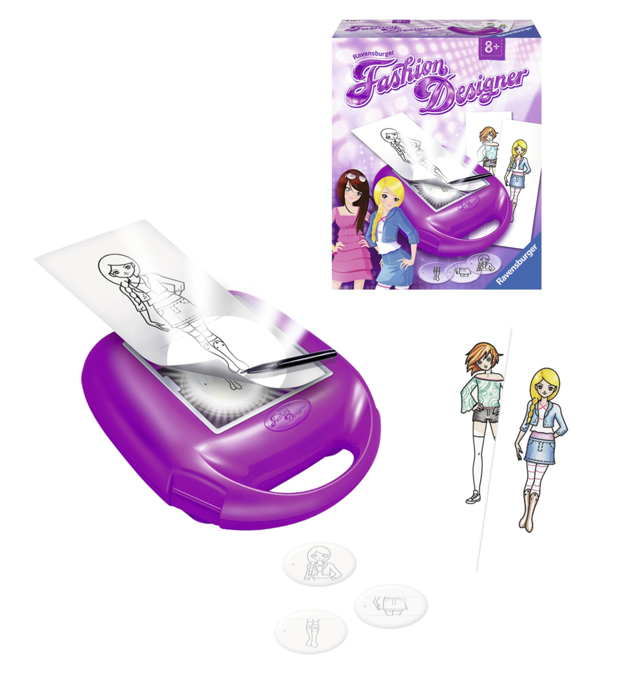 Lila Modedesigner-Set mit Zeichenbeispielen und einem Mädchen, das eine Modezeichnung anfertigt.