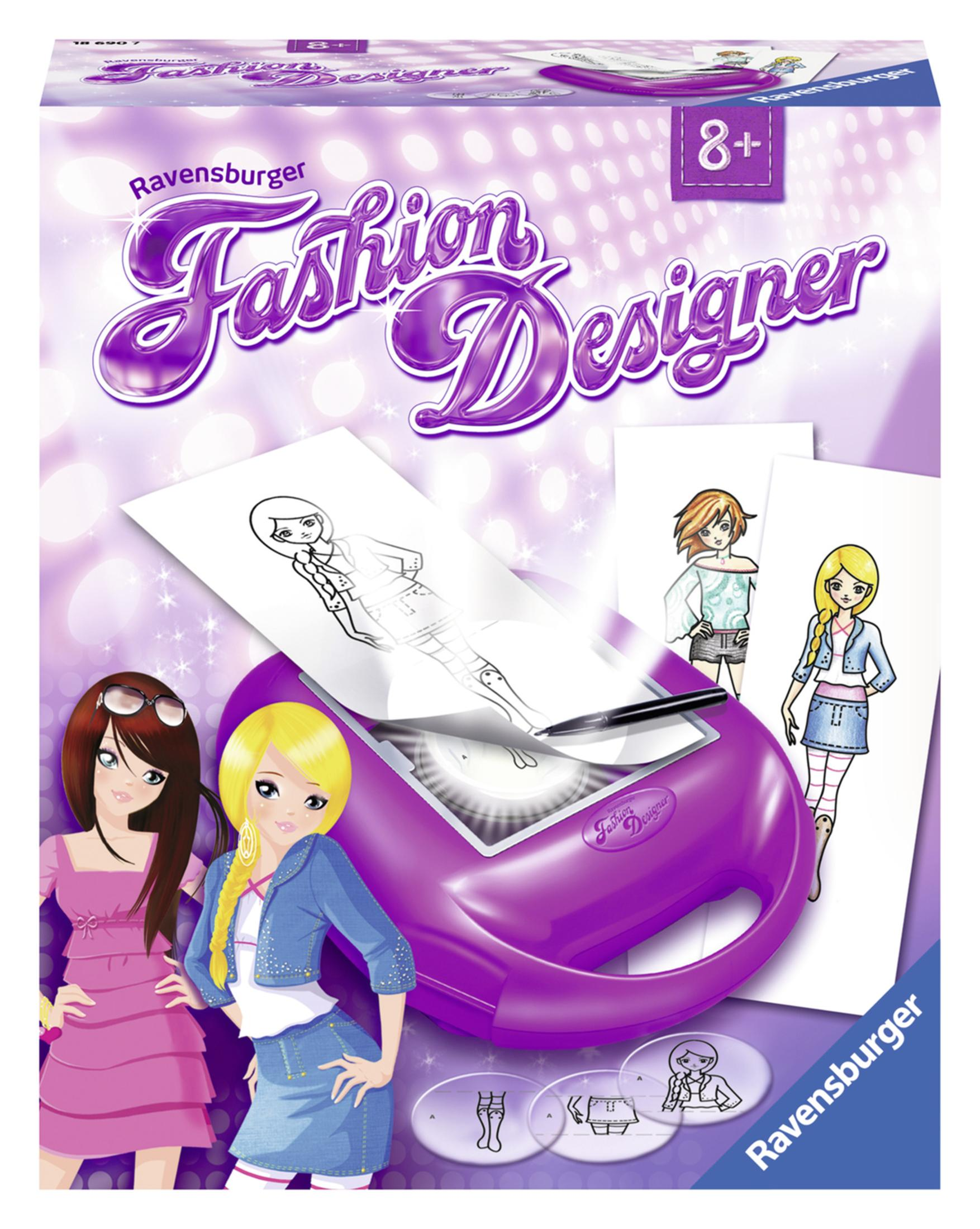 Eine Ravensburger Fashion Designer Box mit Zeichnungen von Modeentwürfen und Mädchen.