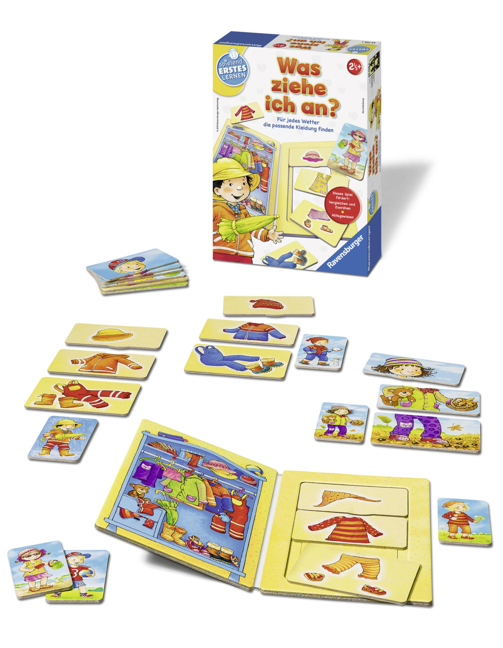 Ein Spiel mit Karten, die Kleidungsstücke und Kinder zeigen. Die Box und die Teile sind in Gelb und Weiß gehalten.