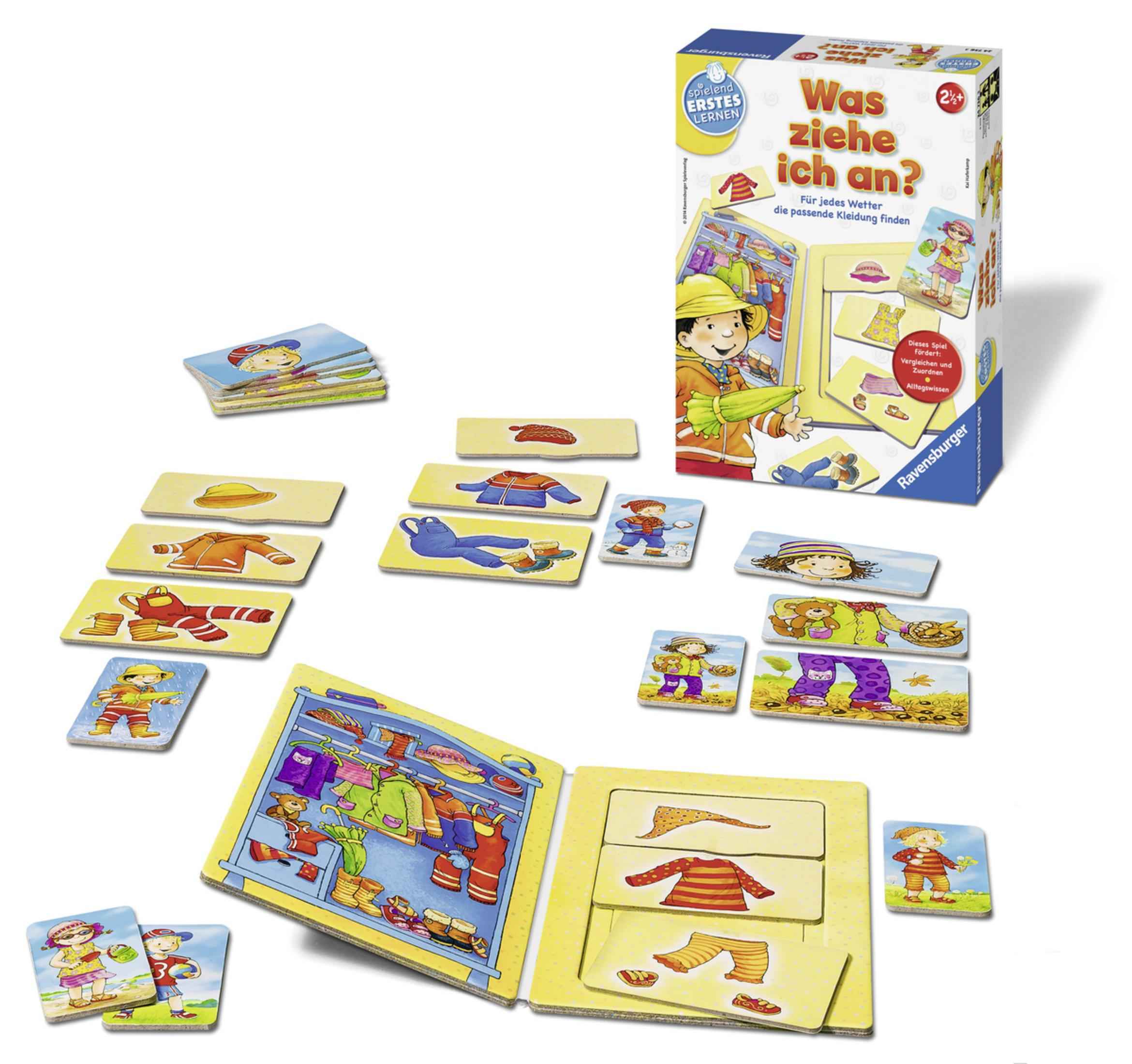 Kinderspiel mit Karten und einem Brett. Das Spiel hat bunte Kleidung. Der Titel ist 'Was ziehe ich an?'