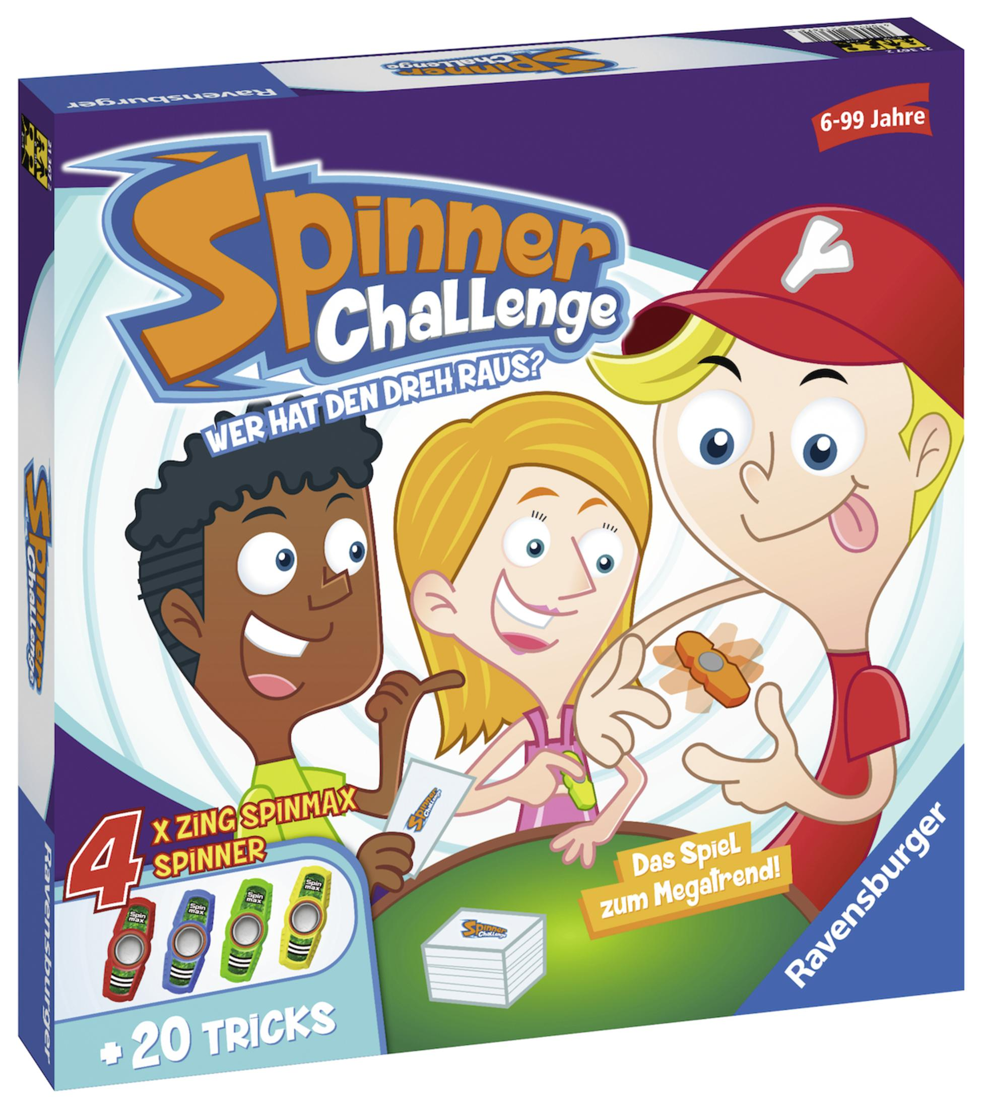 Spielbox mit Cartoon-Kindern und einem Spinner. Es hat einen lila Hintergrund und vier Spinner.
