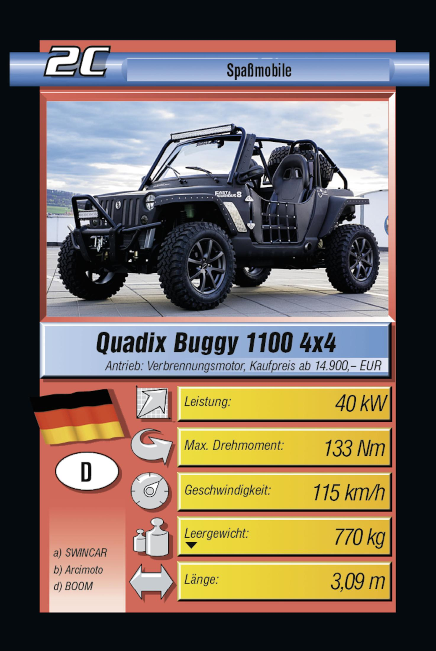 Ein schwarzer Quadix Buggy 1100 4x4, mit Spezifikationen in einer Tabelle.
