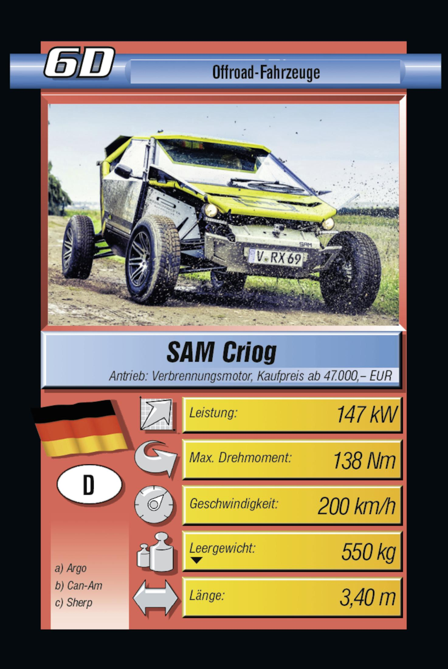Eine Autokarte mit einem gelben Offroad-Fahrzeug. Die Karte enthält Spezifikationen und eine Flagge.