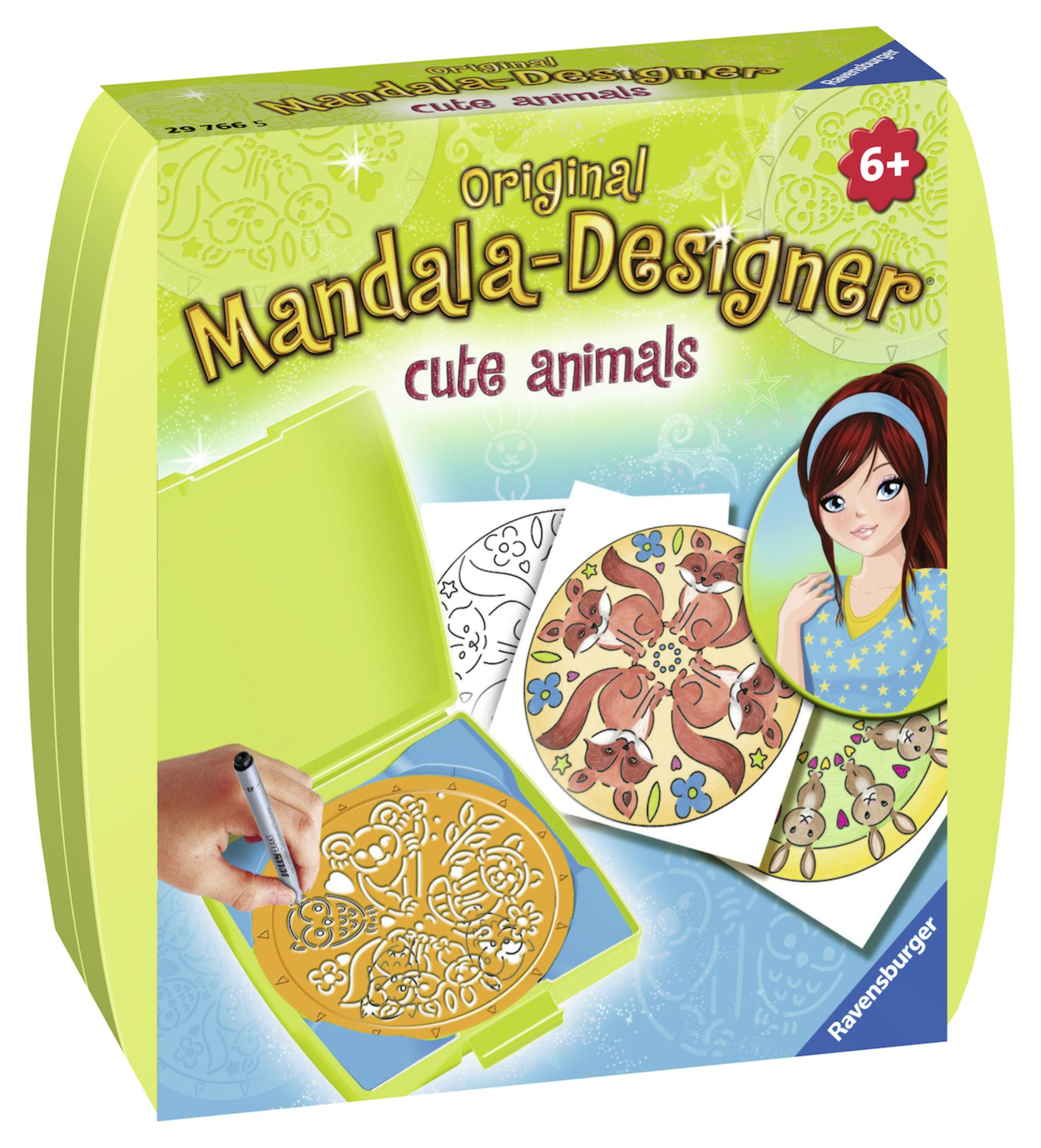 Ein Mandala-Designer-Set mit niedlichen Tieren, mit teilweise geöffneter Box.