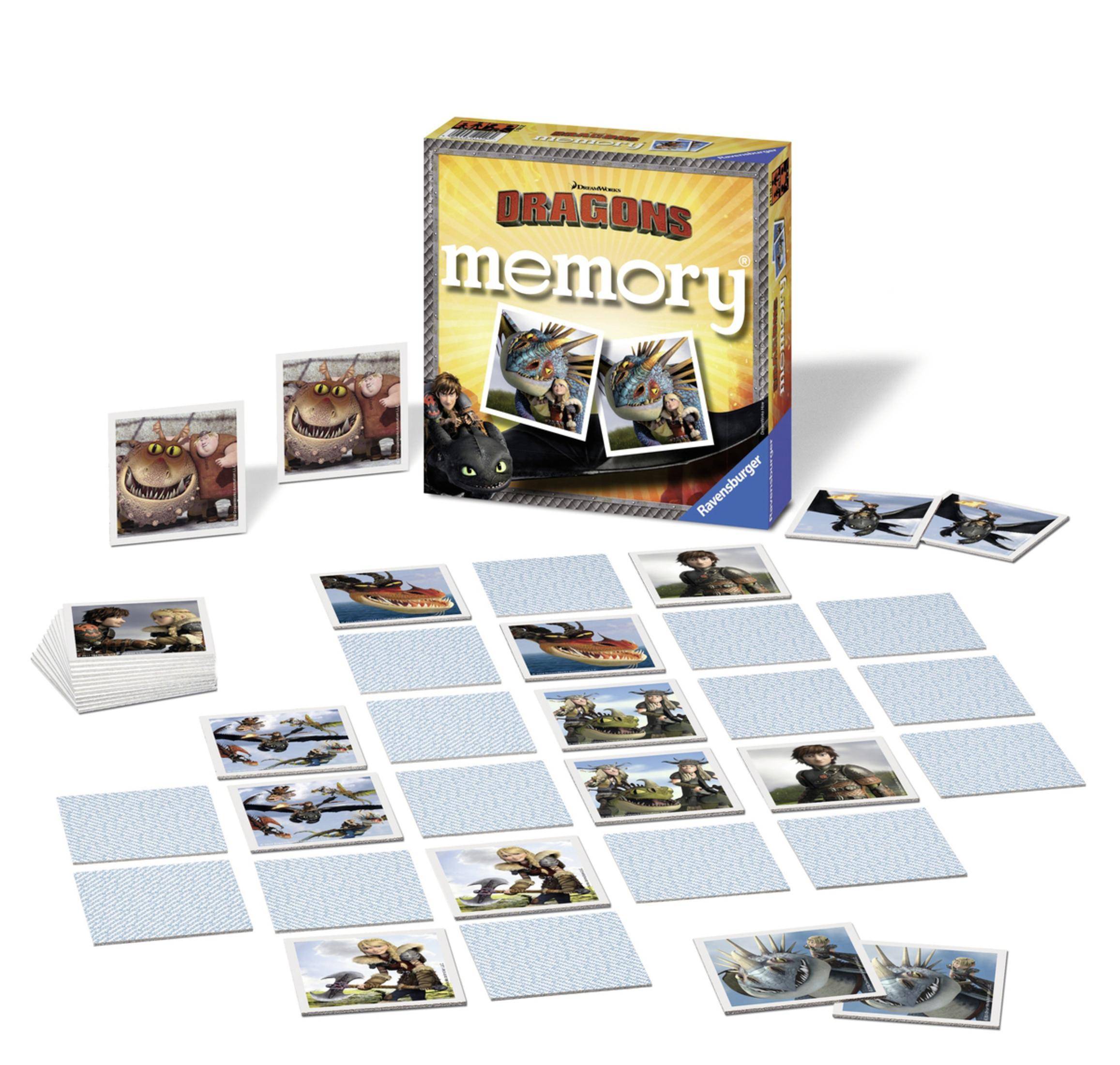 Memory-Spiel zum Thema Drachen. Kartenspiel mit ausgelegten Karten. Karten zeigen Zeichentrickdrachen und Charaktere.