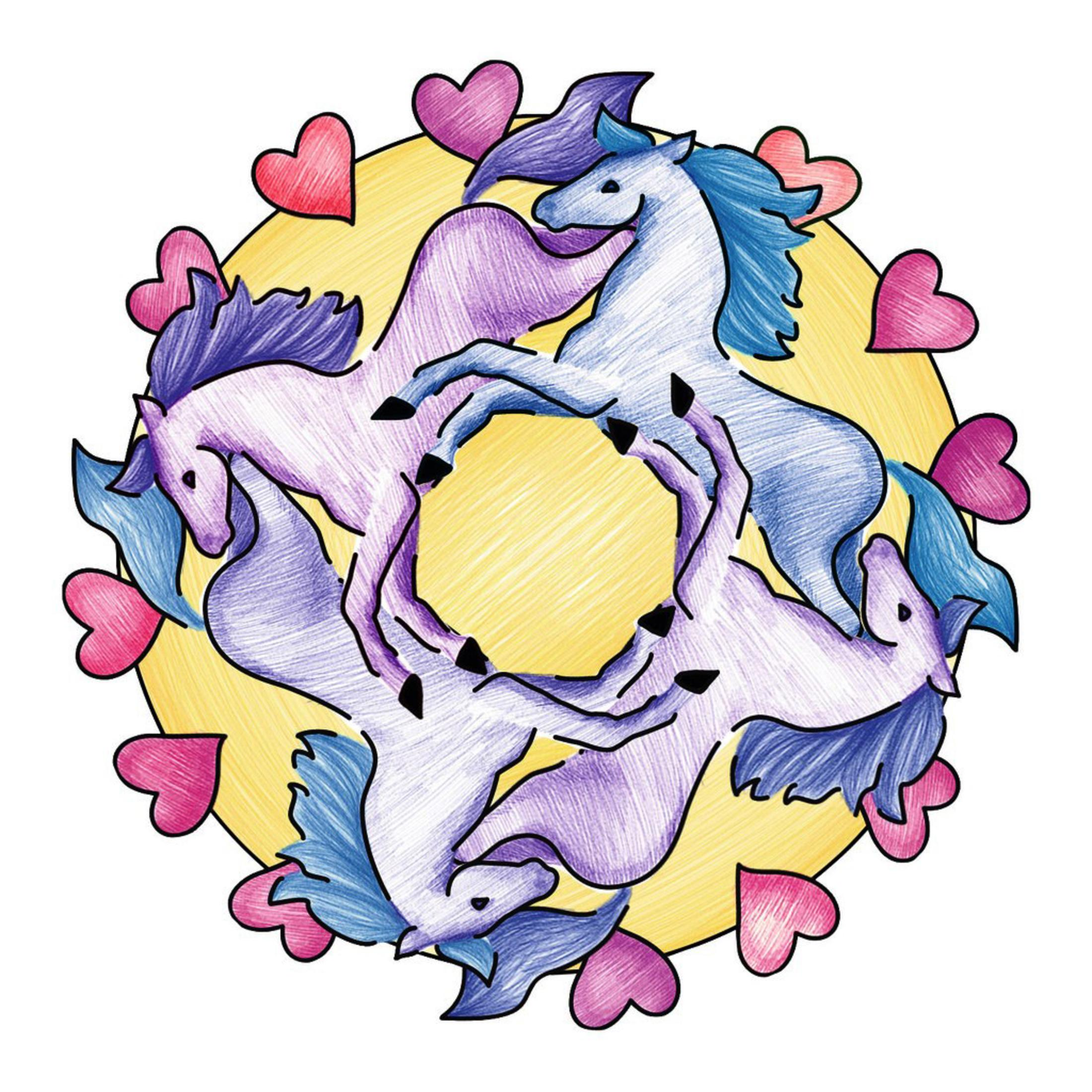 Eine farbenfrohe Zeichnung von vier Pferden in einem Kreis, umgeben von Herzen und gelbem Hintergrund.