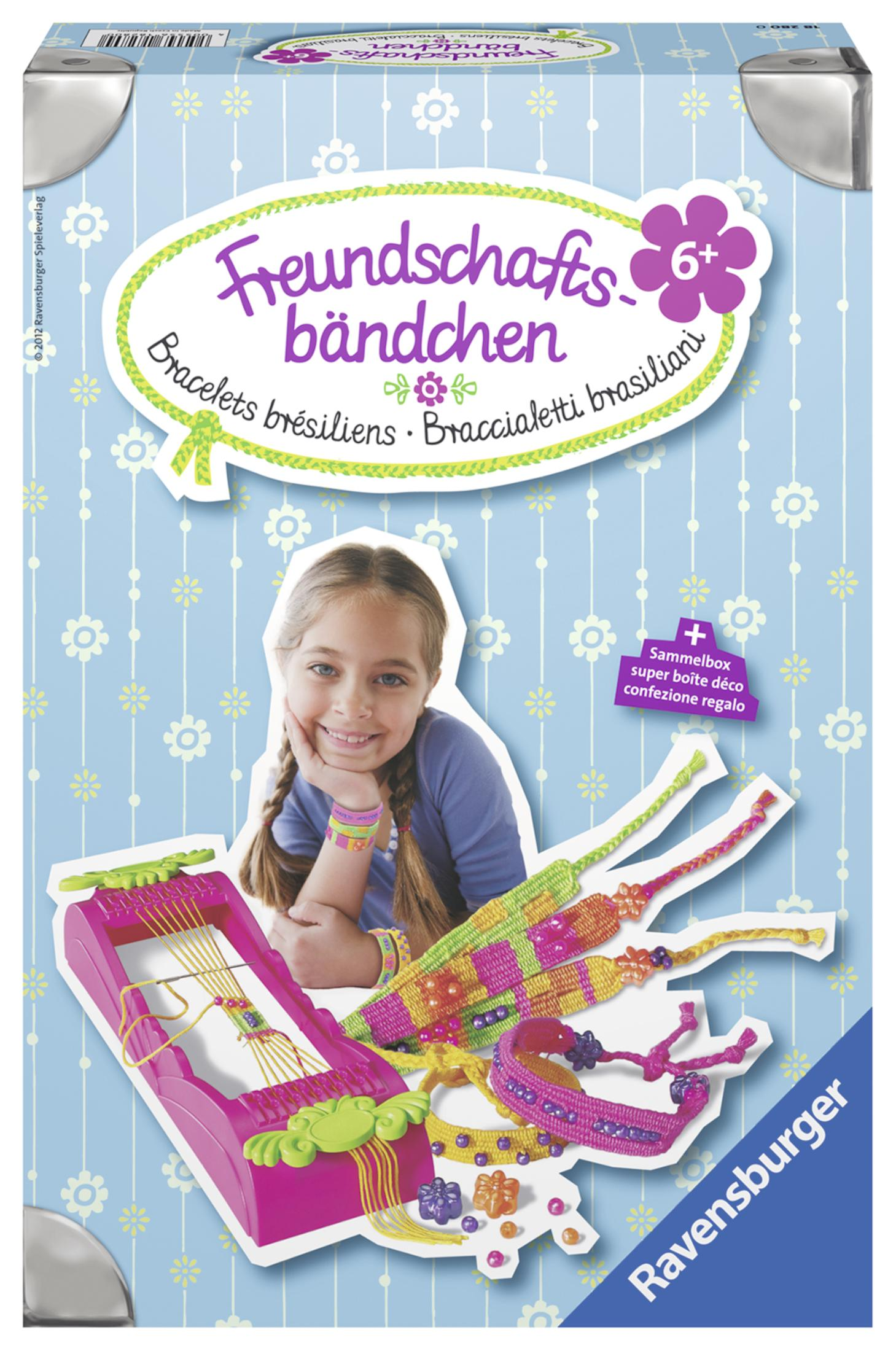 Zestaw pudełek do bransoletek przyjaźni z dziewczynką i różnymi kolorowymi bransoletkami.