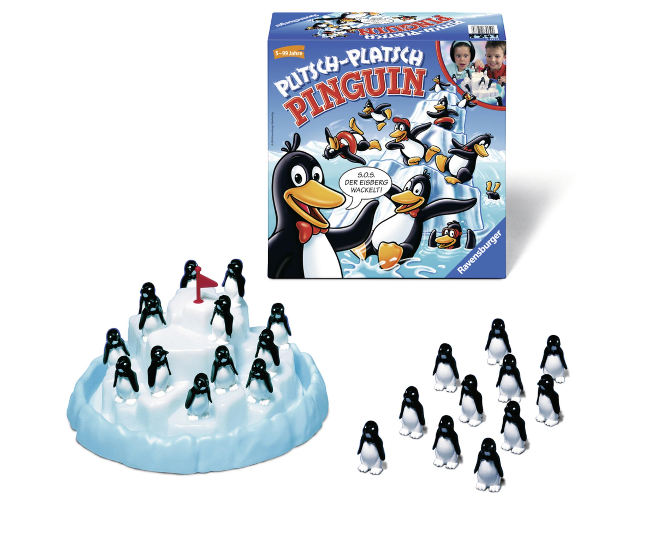 Spielbox mit Pinguinen auf einem Eisberg und Spielsteinen. Die Box hat Pinguine und den Spieletitel.