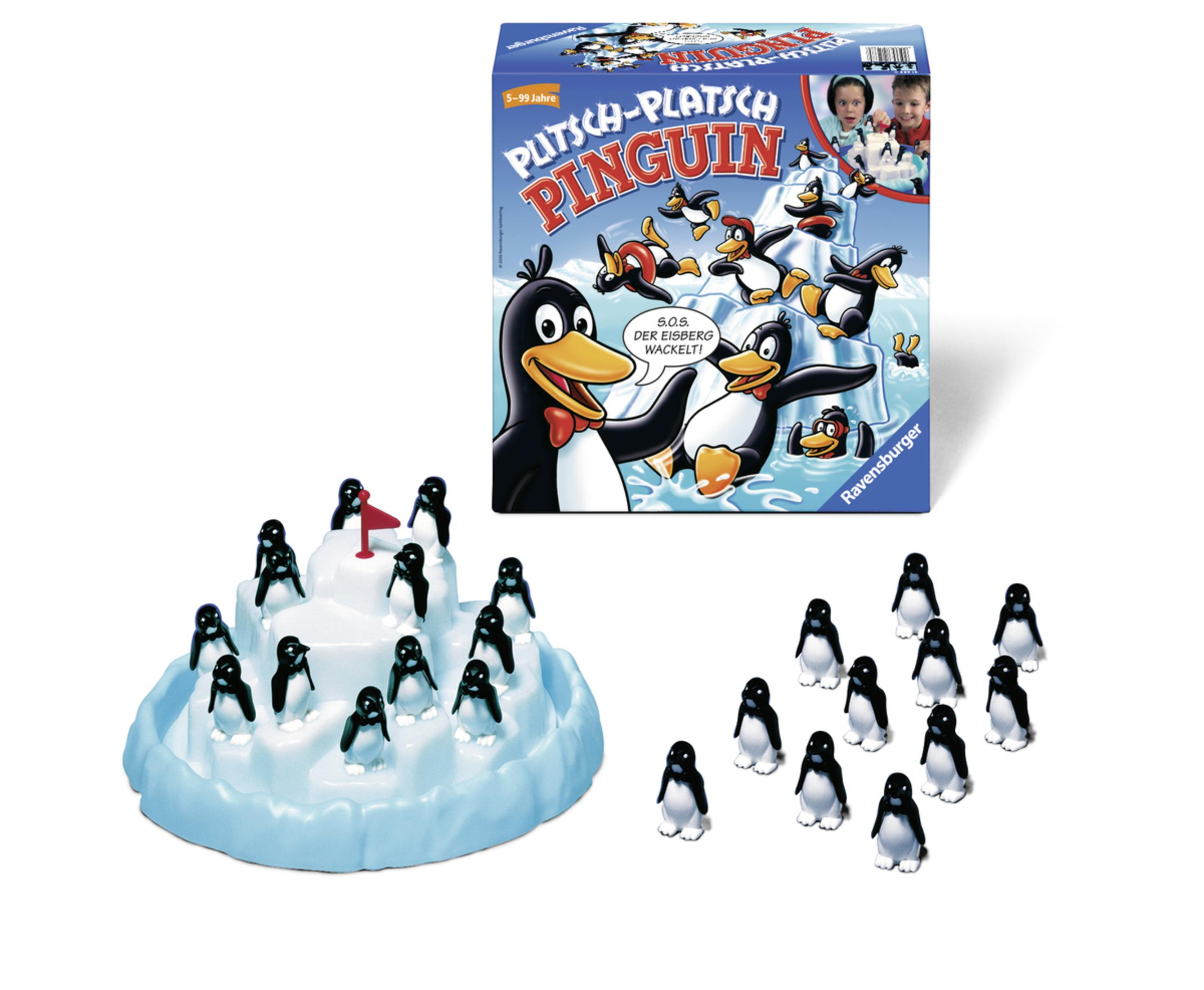 Ein Brettspiel mit Pinguinen auf einem Eisberg mit einer Schachtel mit Pinguinen. Weißer Hintergrund.